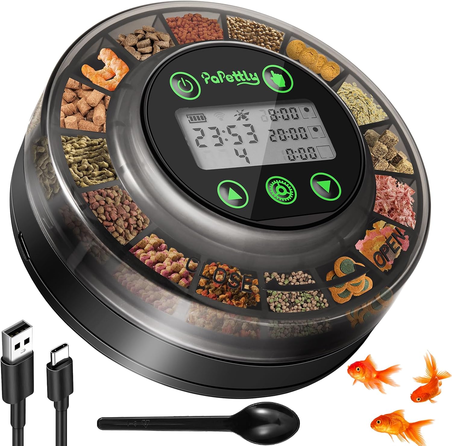 Papettly Automatic Fish Feeder for Aquarium – Auto Fish Food Dispenser for Fish Turtle Tank with USB Cable & LCD Display, Timer Fish Feeder for Vacation Weekend Holiday, with Fish Feeder Spoon
