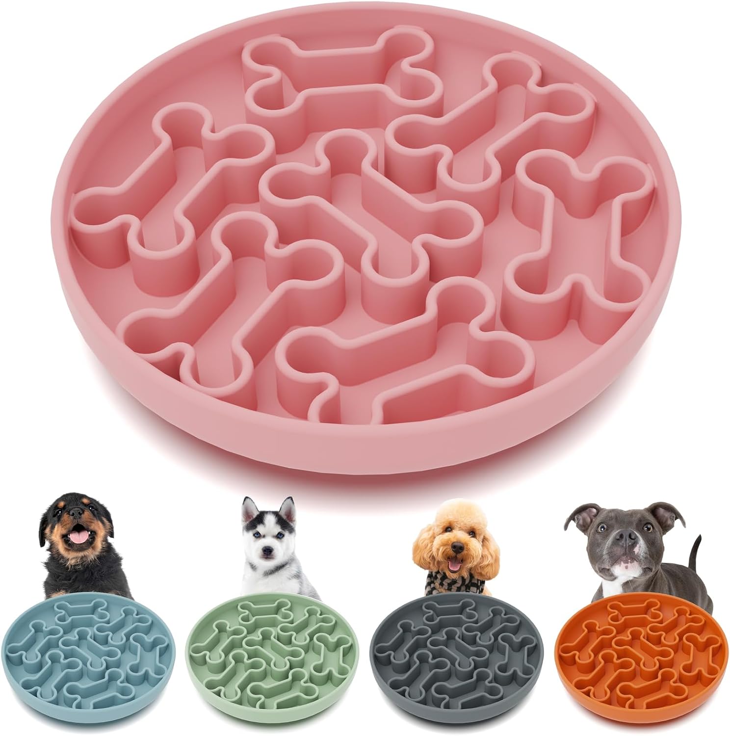 Silicone Slow Feeder Dog Bowl – Pink Bone Pattern | Food-Grade Non-Slip Dog Dish for Anti-Bloat, Fast Eating Prevention, 7.5” x 1.5”, Dishwasher Safe