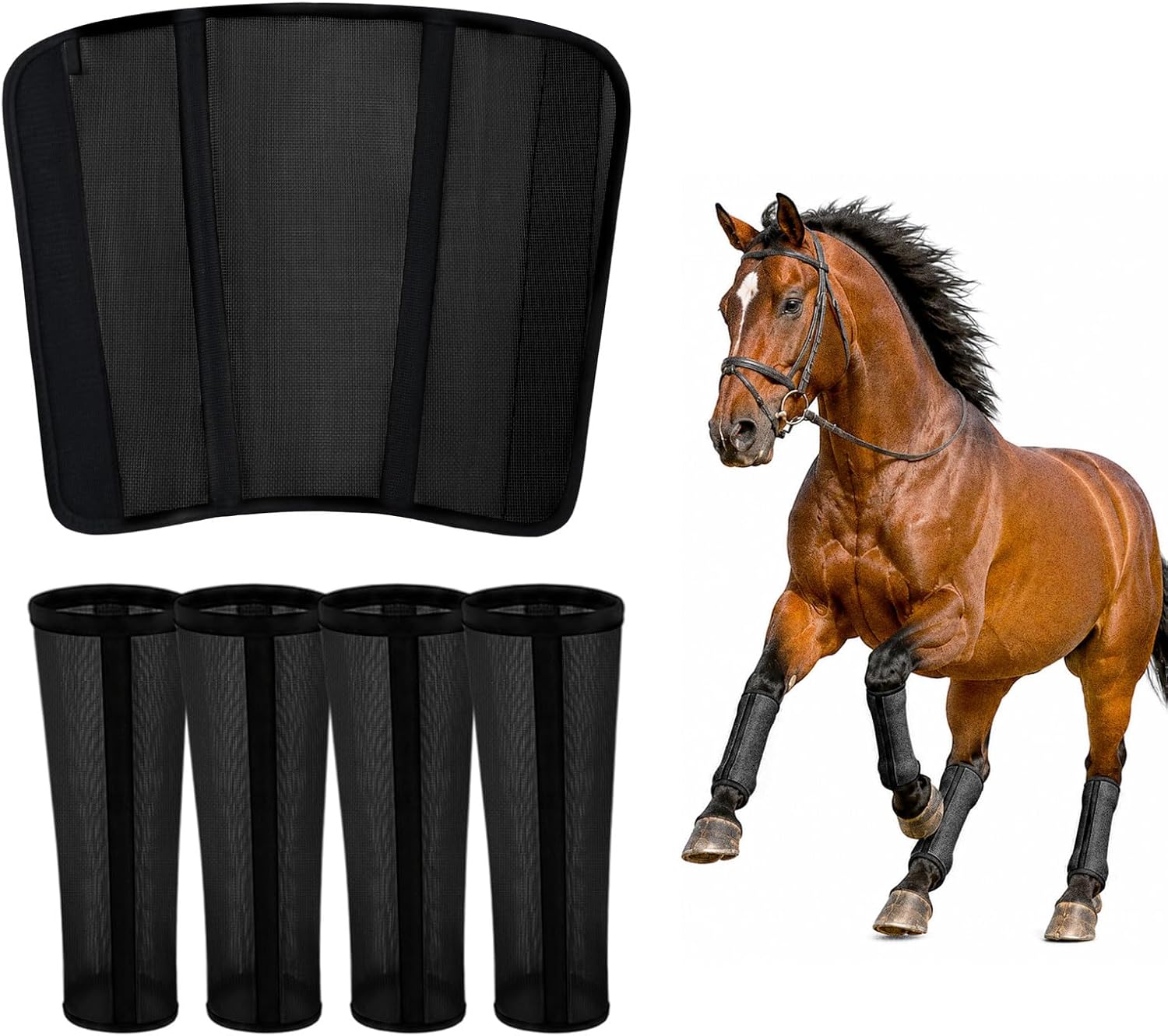 Fly Boots for Horses Set of 4, Breathable Mesh Horse Fly Boots with Support Stays, Adjustable Hook and Loop Closure, Helps Reduce Fly Bites & Stomping, Horse Leg Wraps for Pasture Turnout