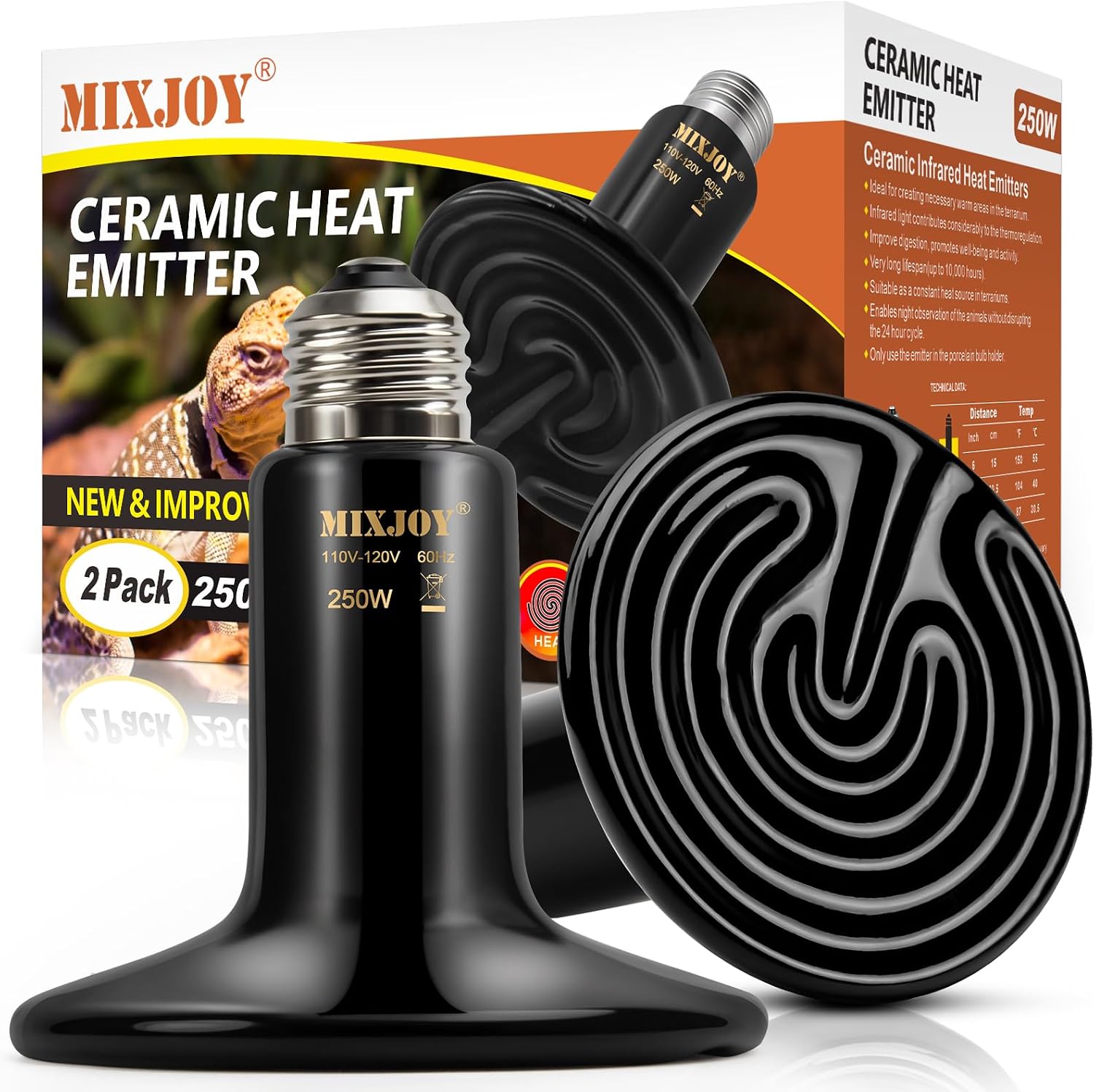 MIXJOY 250W Ceramic Heat Emitters – 2Pack Reptile Heat Lamp Bulbs, No Light Emitting, Ideal for Gecko, Lizard, Bearded Dragon, Turtle, Snake & Chicken