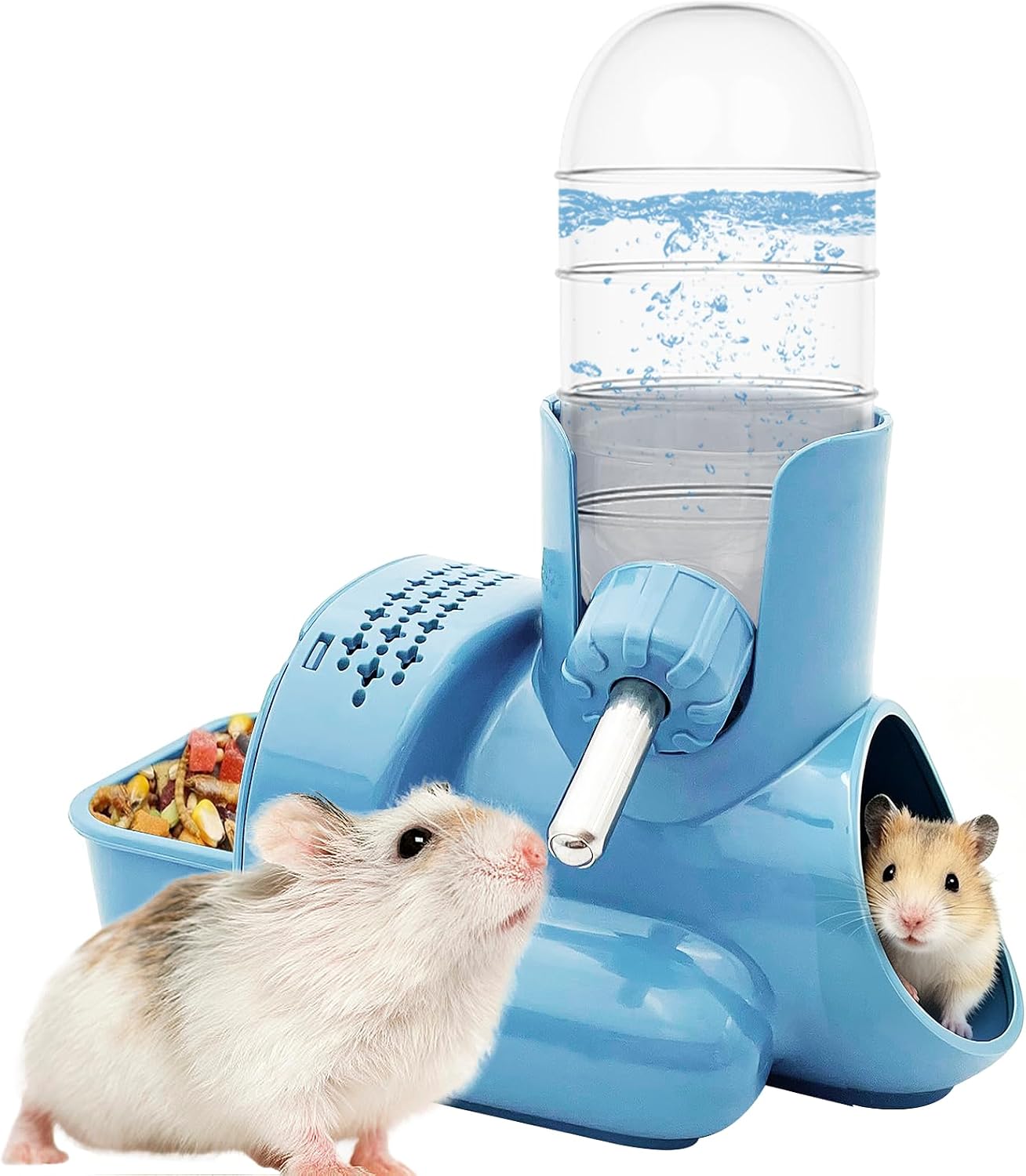 VANNON 3-in-1 Hamster Water Bottle with Food Bowl & Hideout Base, Blue