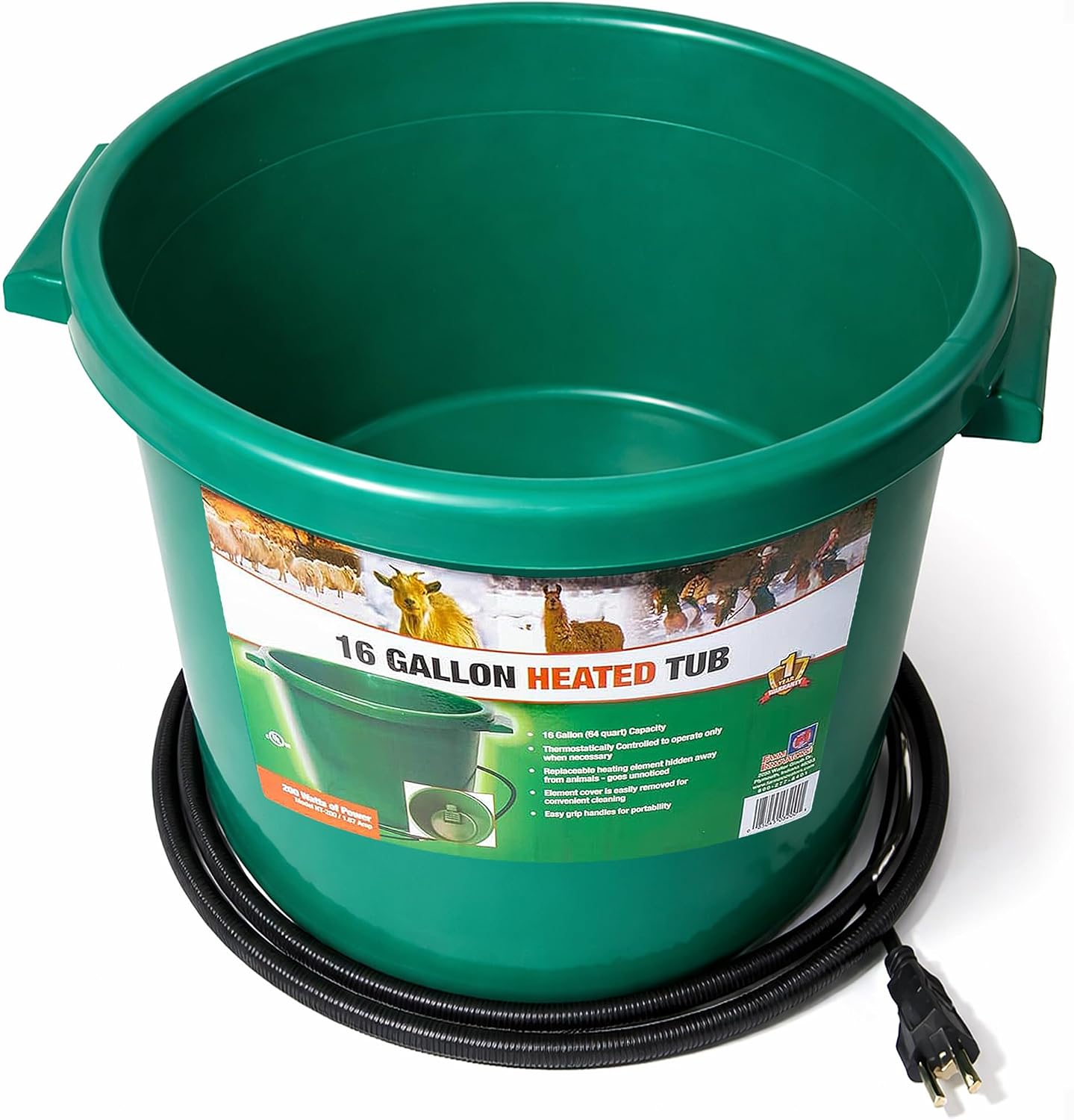 Farm Innovators Heated Water Bucket, 200W Heating Power – 16 Gallon Plastic Bucket with Replaceable Heating Element for Livestock Watering & Feeding