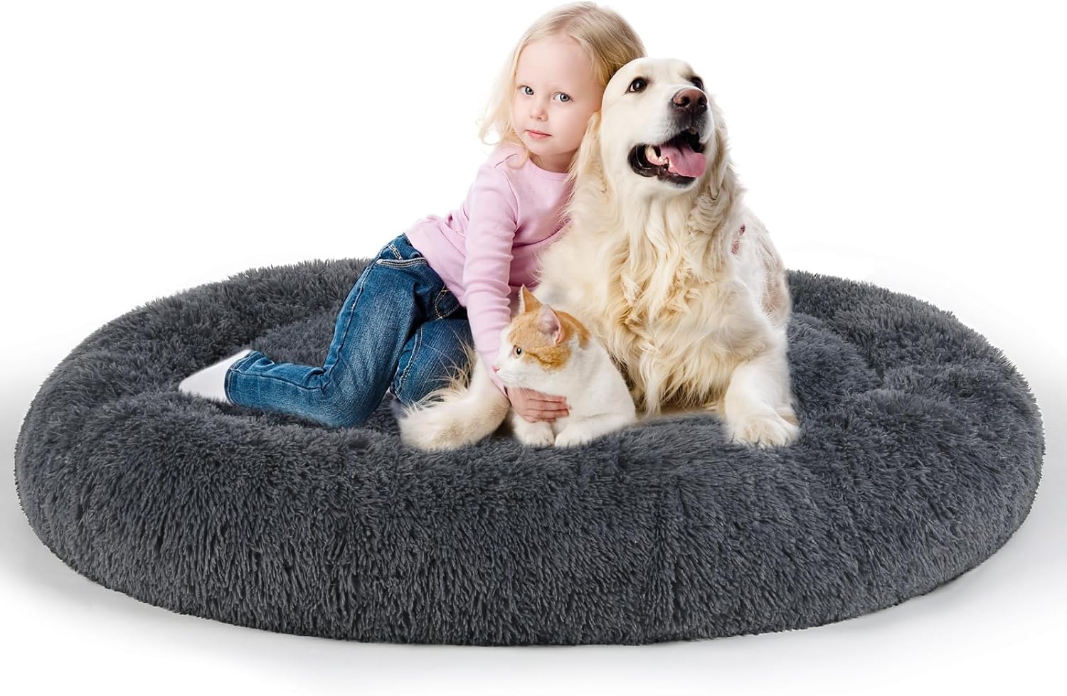 Calming Dog Beds XXLarge Sized Dog Donut Washable Bed 49inchs, Dgrey