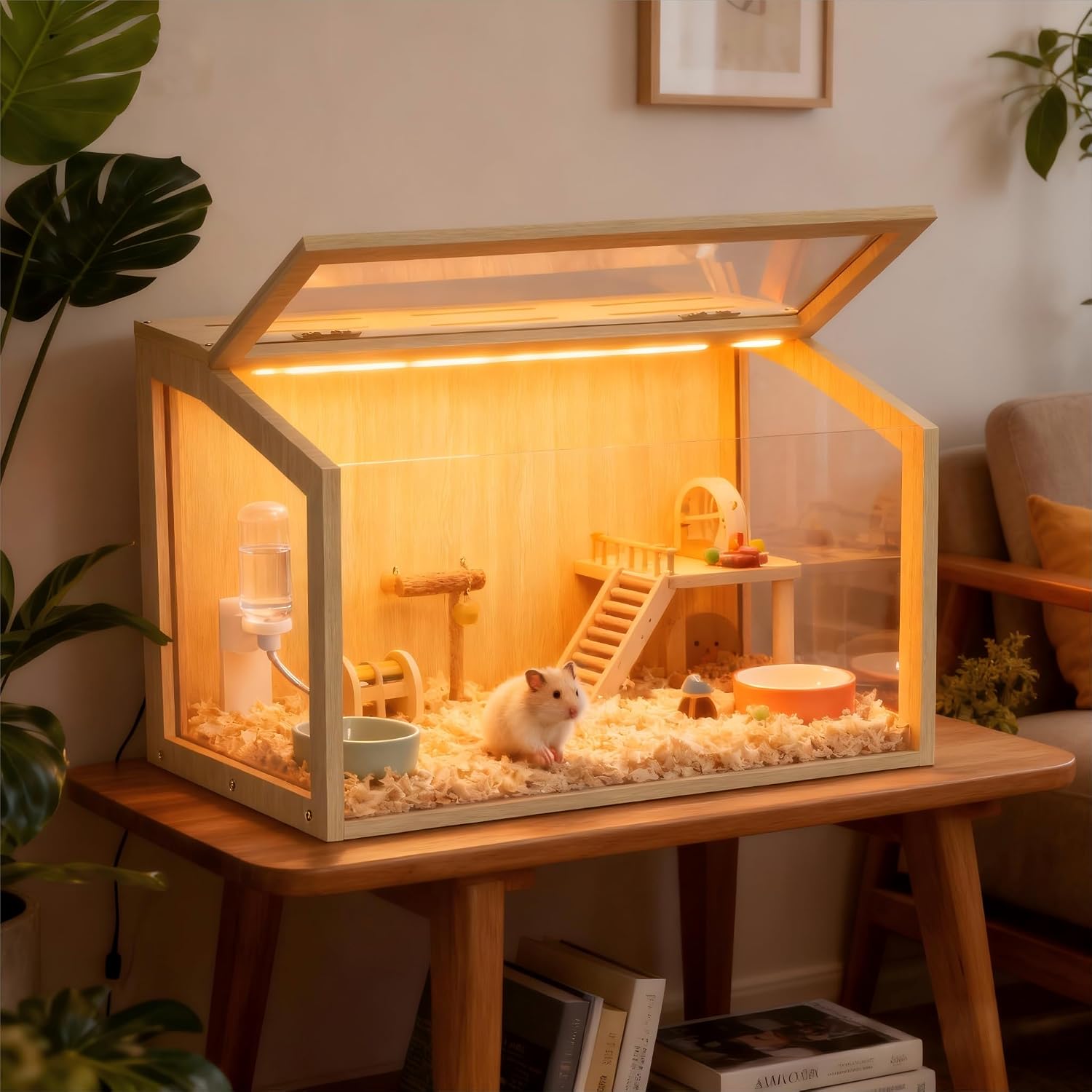 Hamster Cage: 24inch Wooden Small Animal Cage with Warm Light