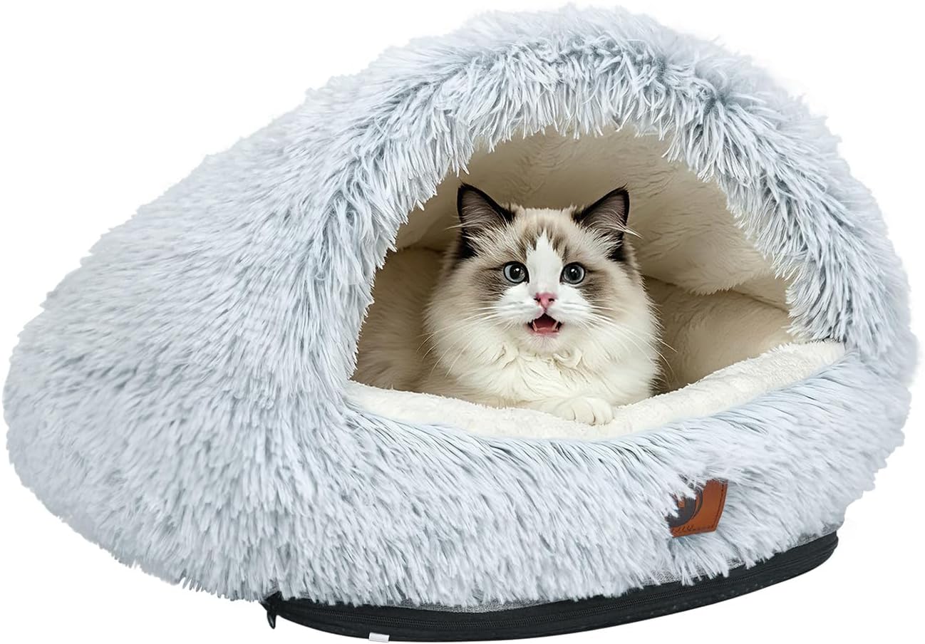 YooxArmor Round Covered Cat Bed Cave Dog Bed for Small Medium Pets,Grey,S
