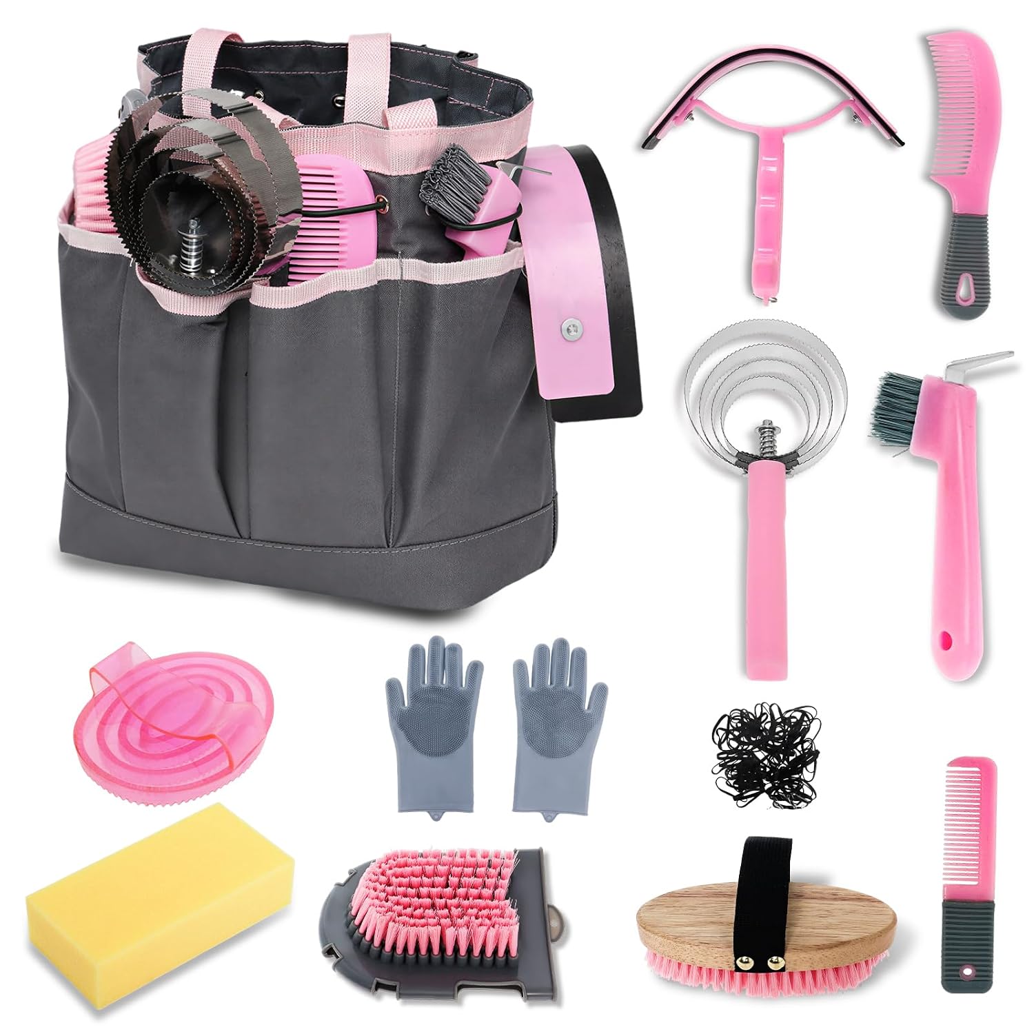 Horse Grooming Kit 13 Pack, Horse Brushes for Grooming Supplies Set with Tote Bag, Horse Tack Supplies with Gloves & Brush for Equine Care and Bathing (Pink)