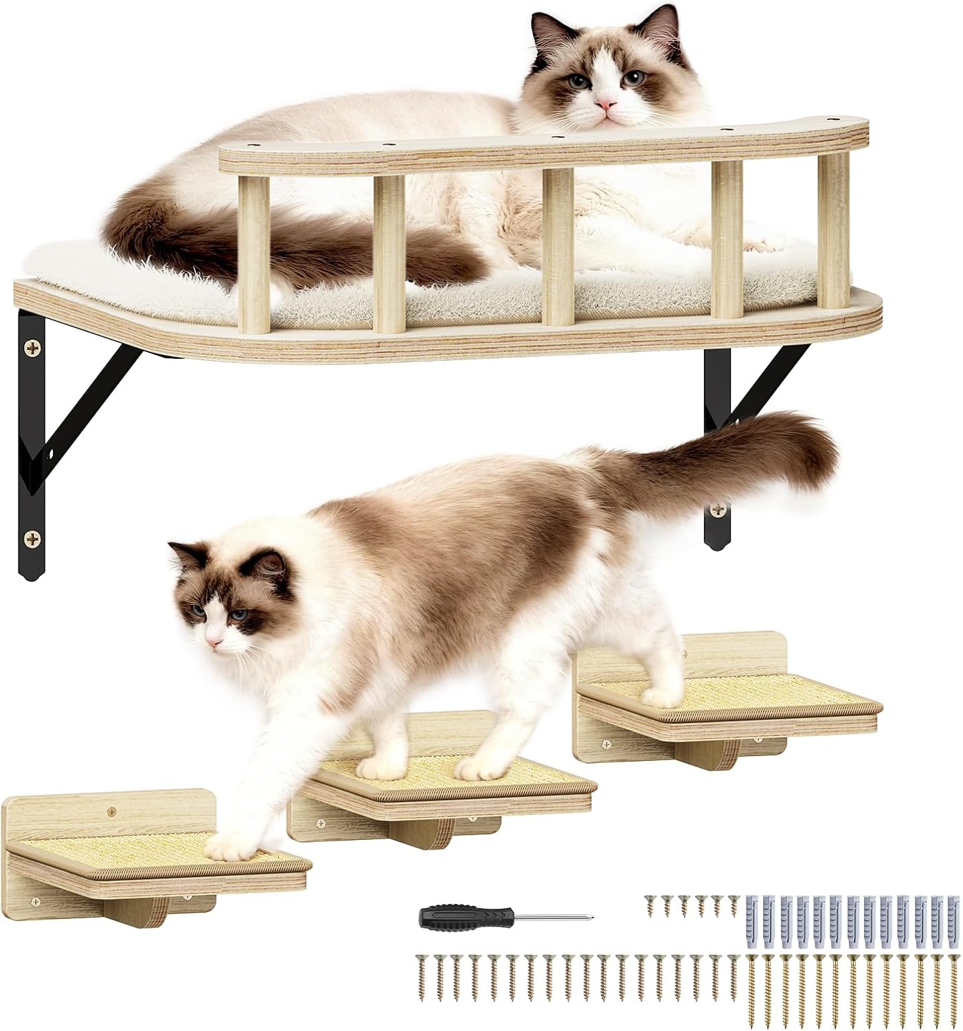 17″ × 13″ Large Cat Wall Shelves- Wall Climber Wooden Furniture Cat Shelf with Cushion and 3 Wide Perch Steps for Large Cats and Kittens Sleeping, Playing, Climbing