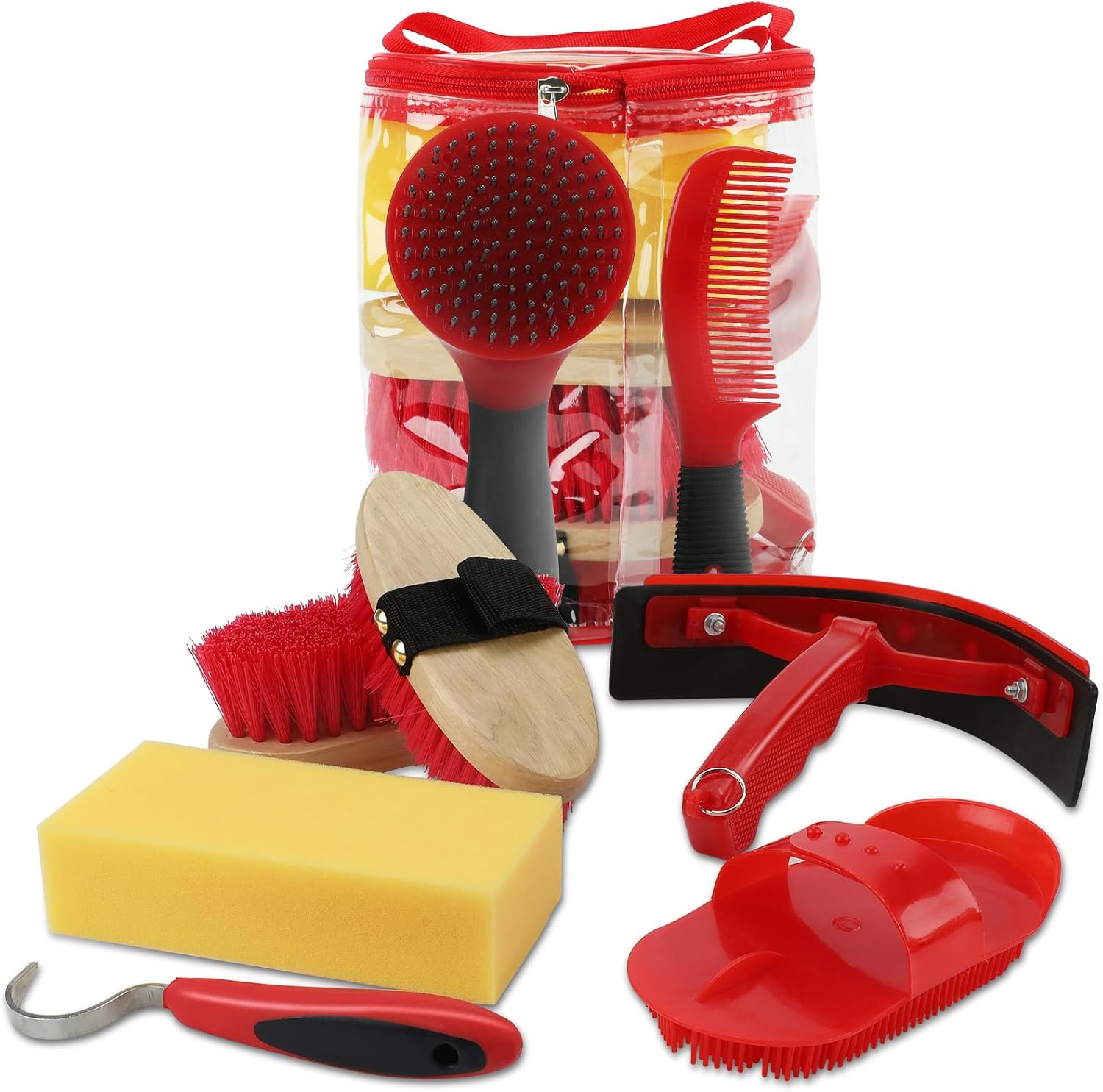 Horse Grooming Kit, 9-Piece Horse Brush Set with Tote Bag, Red