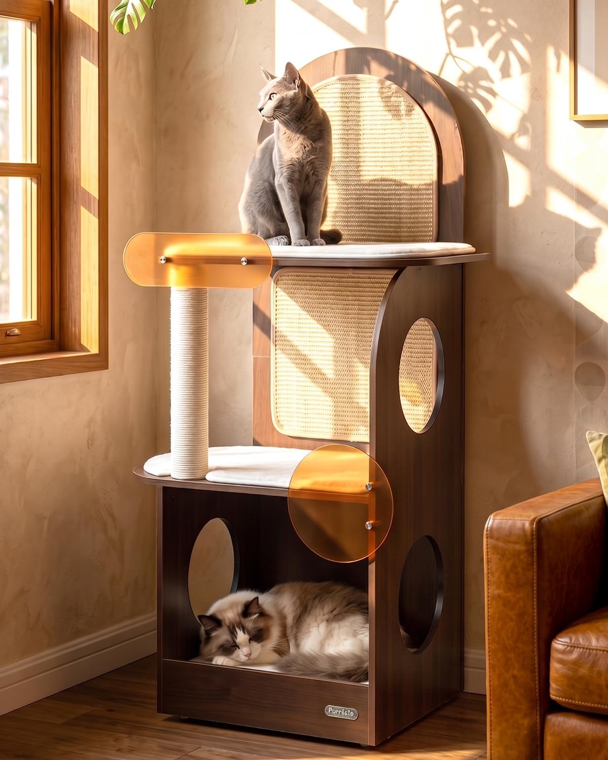 47″ Wood Cat Tree, Modern Cat Tower for Large Cats, Wide Stable Base
