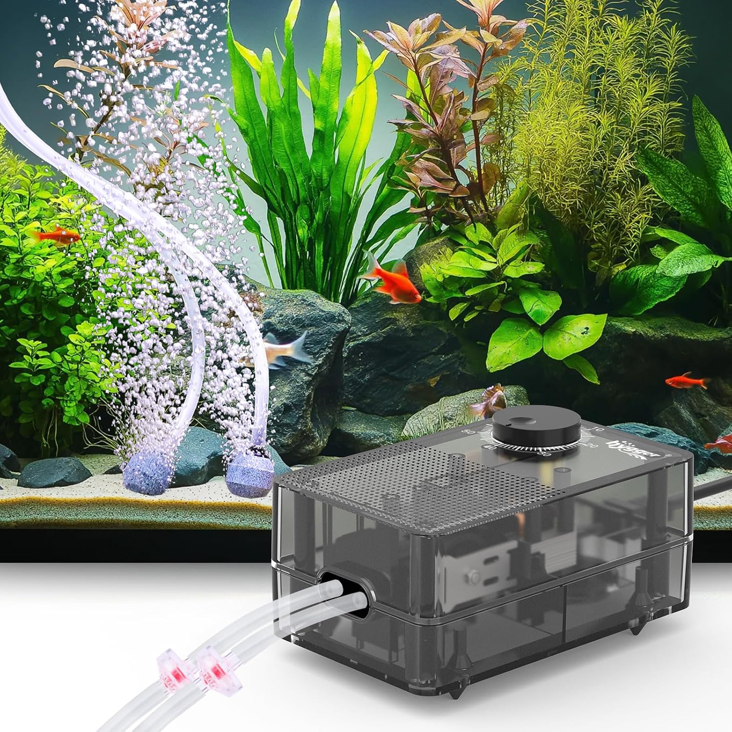 hygger See-Through Air Pump for 60-100 Gallon Fish Tank: Adjustable Oxygen Pump,Silent Powerful Aerator Pump 2.5W 2 Air Outlets Ultra Silent for Small Medium Fish Tank,Hydroponic Systerm