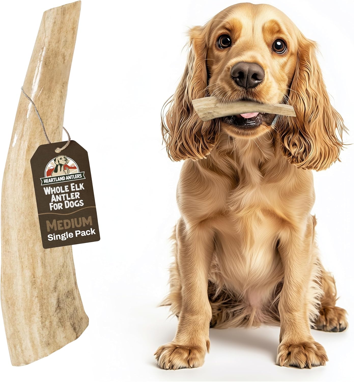 Heartland Antlers Whole Elk Antler Dog Chew for Aggressive Chewers, 5-6 Inch Medium, Long Lasting Naturally Shed USA Bone Treat, 25-45 lb Breeds, 1 Count Single Piece
