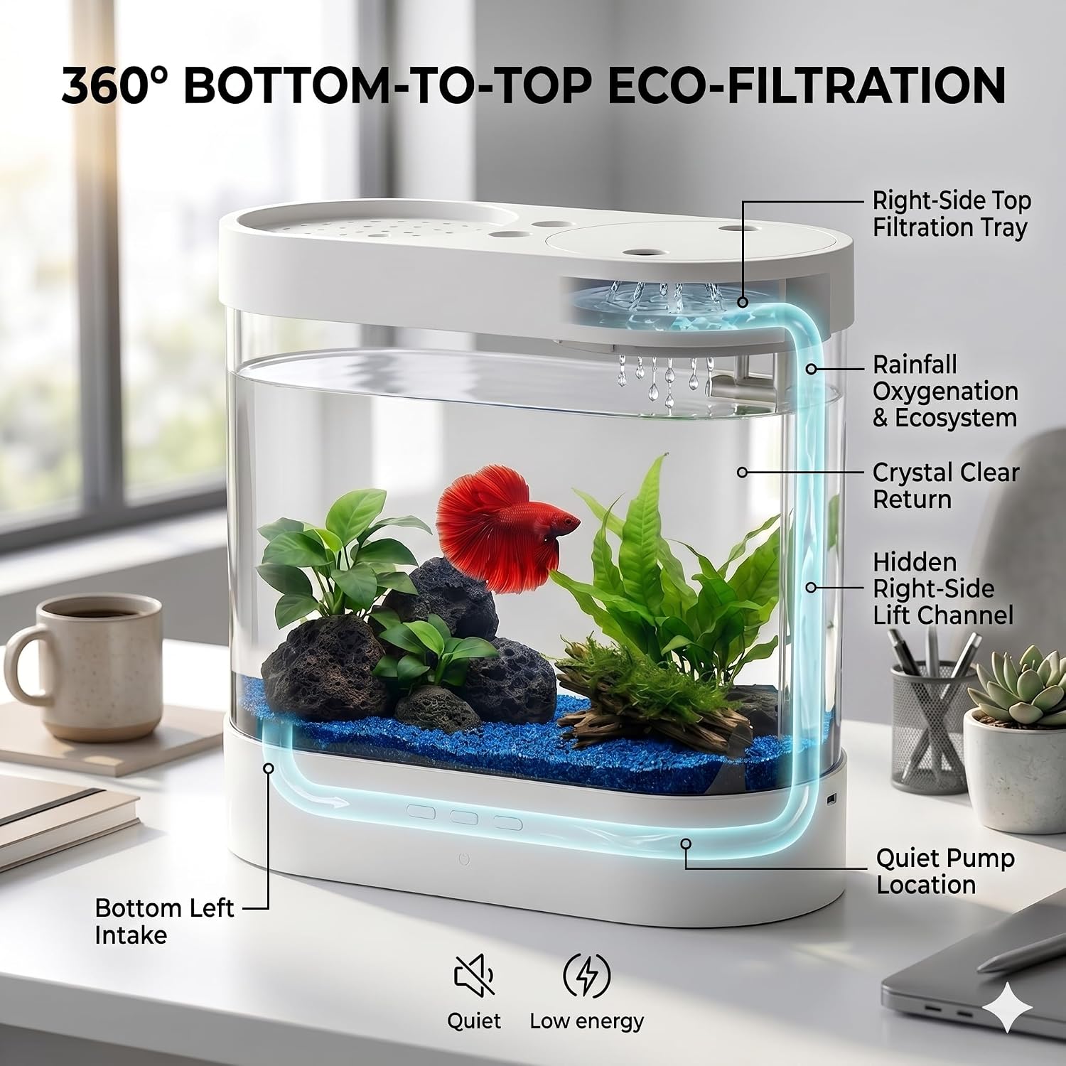 1.5 Gallon Betta Fish Tank with Filter & 7-Color LED Light, Self-Cleaning Aquarium Starter Kit with HD Acrylic, Quiet for Kids Beginners, Home Office Desktop Decoration.