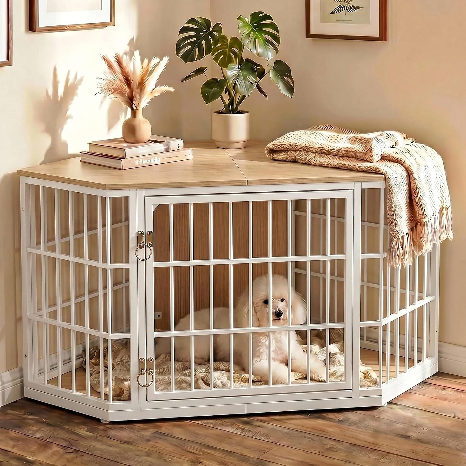 VOWNER 52 Inch Dog Crate Furniture Corner for Large Dogs, Natural