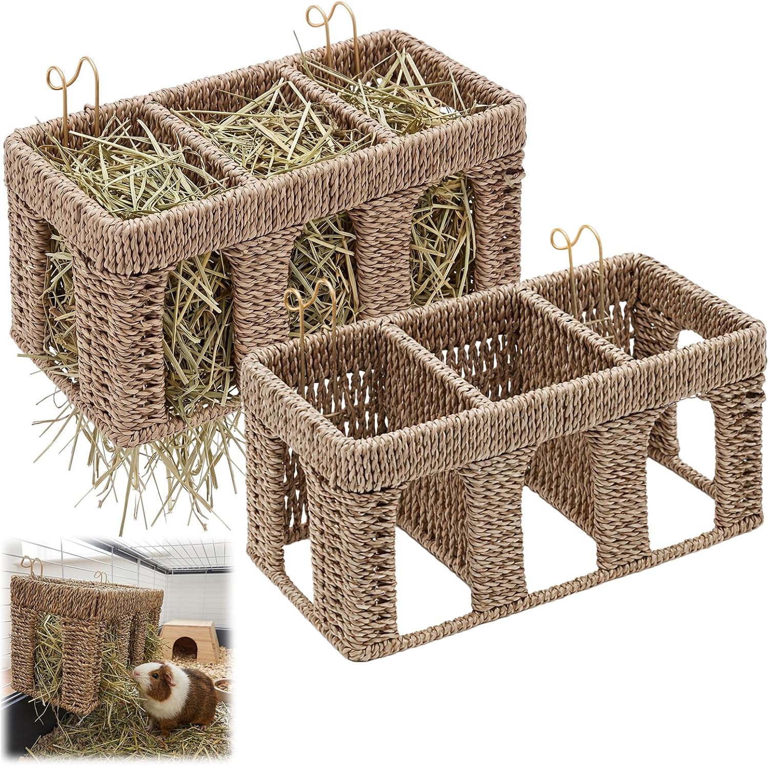 Sliner 2 Pcs Natural Seagrass Guinea Pig Hay Feeder, Five Arch Rabbit Hay Rack Holder with Metal Hanging Hook, Less Waste for Bunny Chinchillas, Small Animal Cage Accessories, Pet Gifts