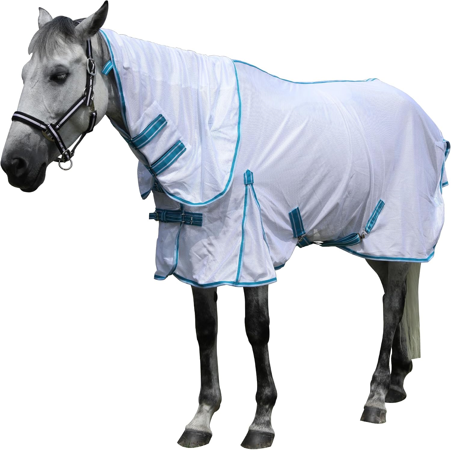 Horse Fly Sheet with Detachable Neck, Maximum Airflow Breathable Open Weave Mesh for Hot Weather, Anti-Rub Comfort, 65% UV Protection, Cool Summer Sheet for Pasture & Barn White 75