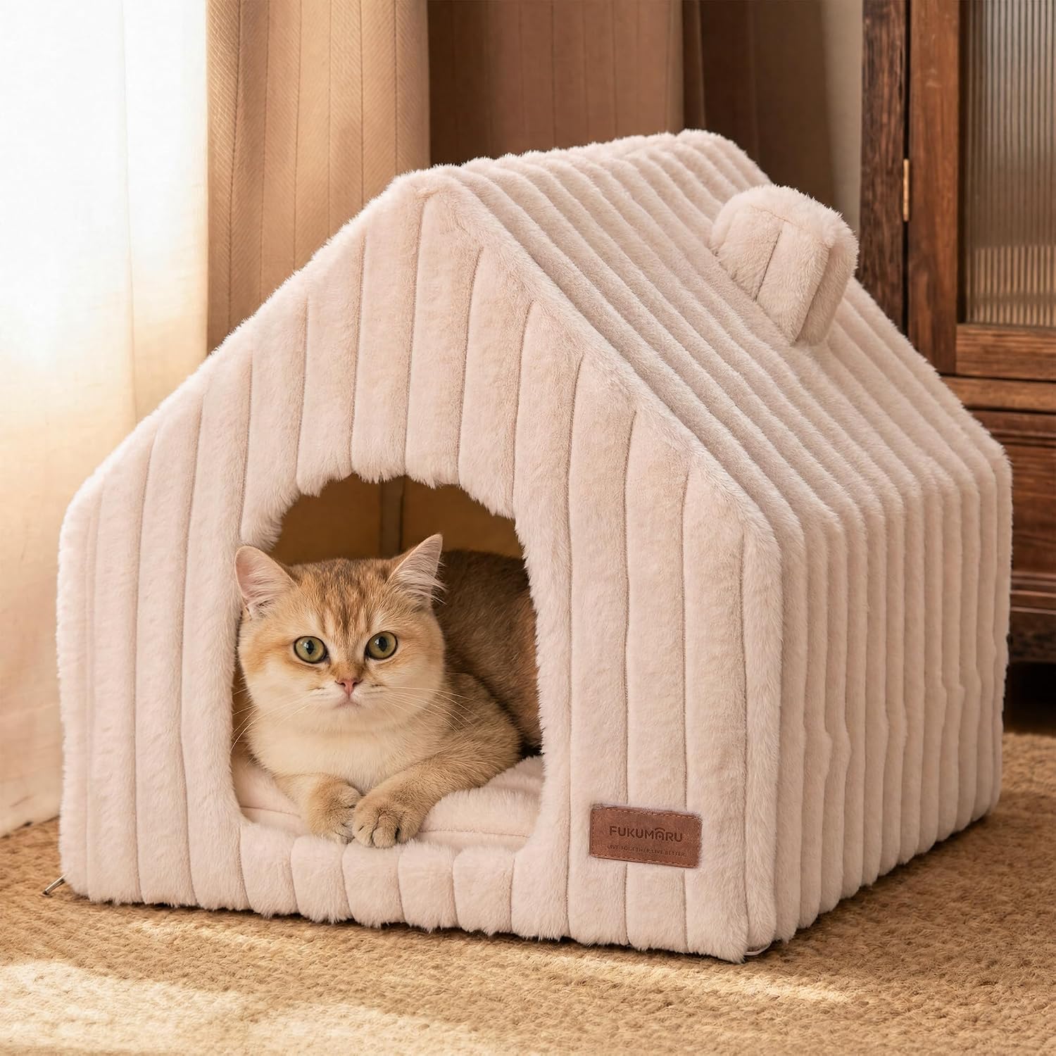 FUKUMARU Cat Bed Cave, Enclosed Washable Covered Dog Bed with Support Frame