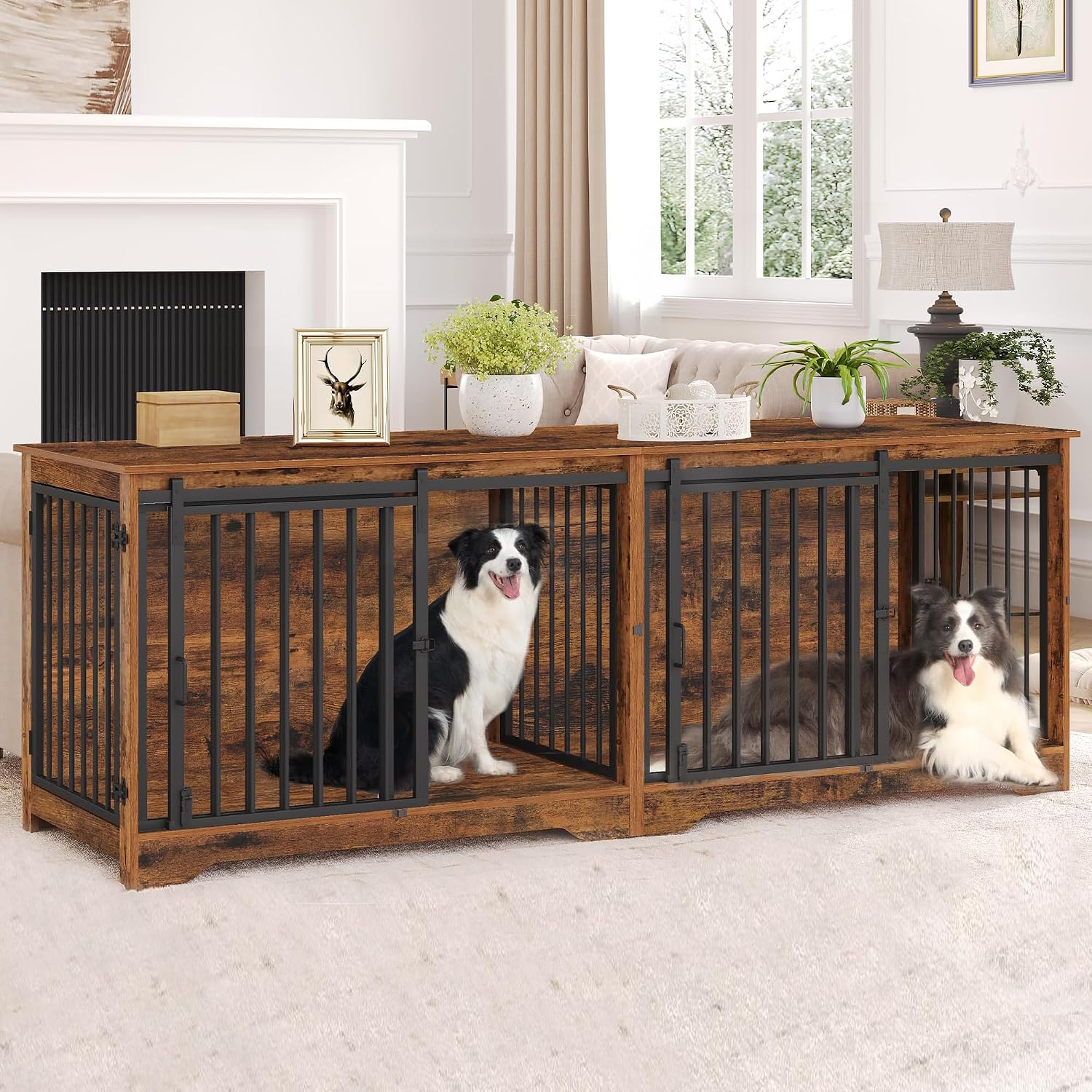Hzuaneri 77.6″ Double Dog Crate Furniture, Dog Crates for 2 Dogs
