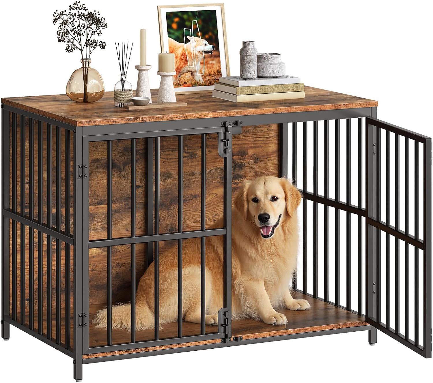 HOOBRO 38.6″ Dog Crate Furniture, Wooden Dog Kennel Indoor, Heavy Duty Dog Cage for Small/Medium Dog, Decorative Side End Table, Rustic Brown and Black BF100GW03