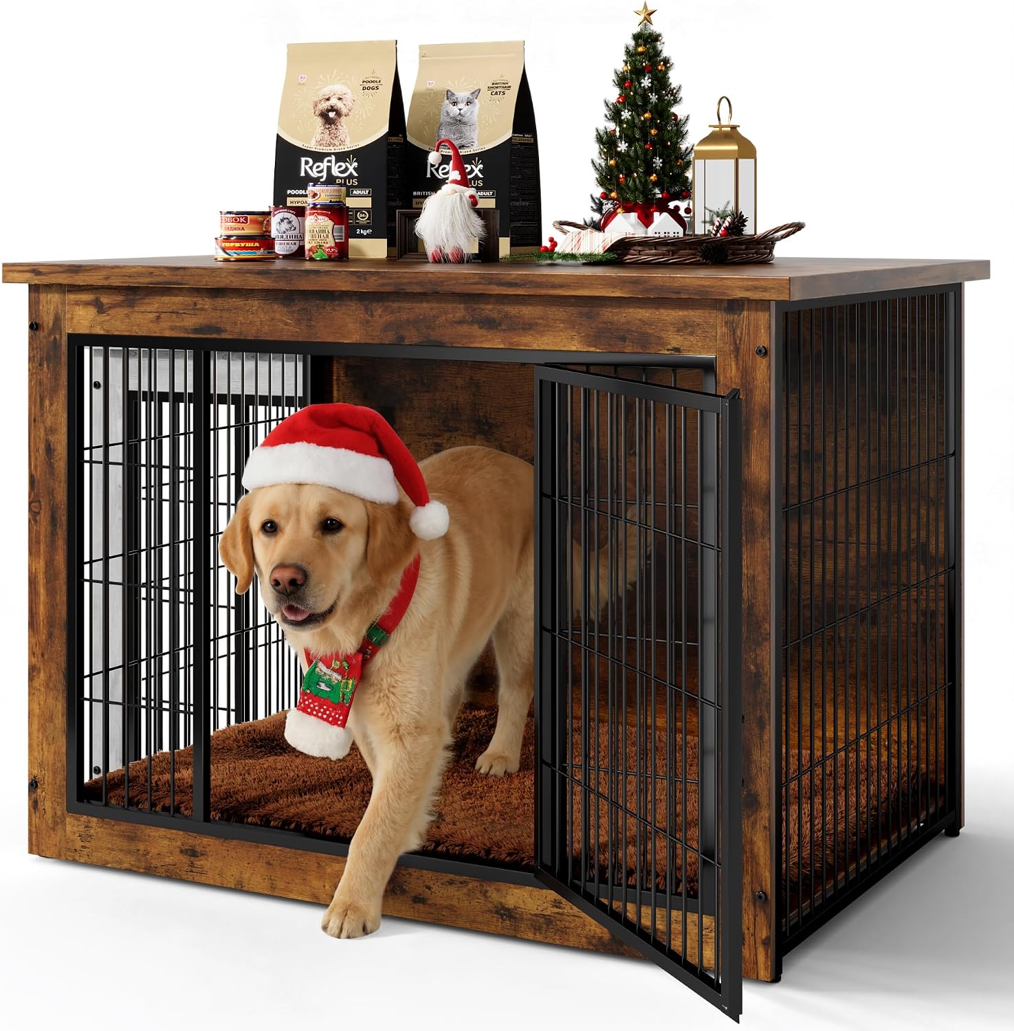Wooden Dog Crate Furniture with Thick Cushion, Indoor Side Table Dog Kennel