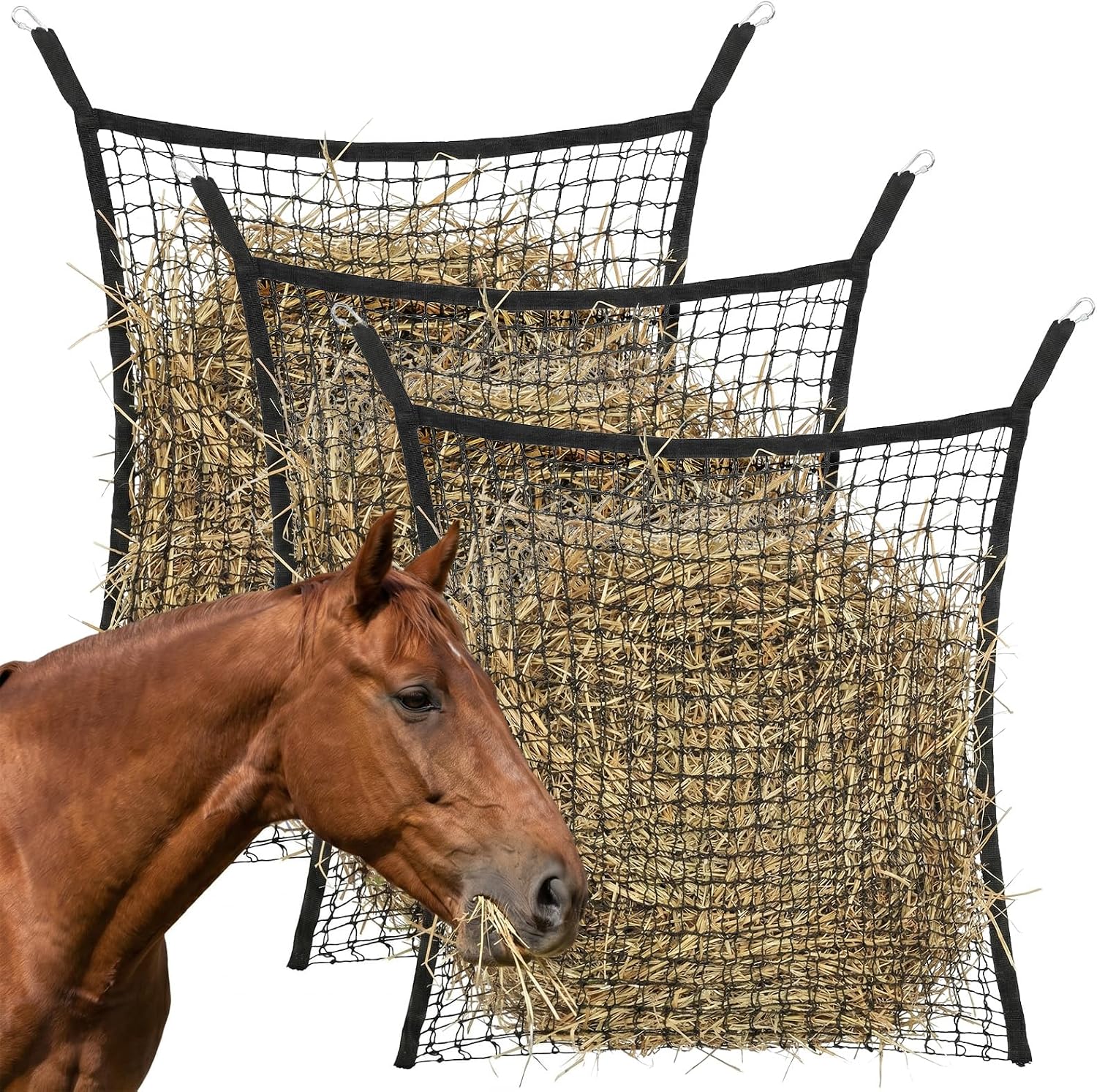 3 Pcs Slow Feed Hay Net for Horses, 35 x 31 Inch Large Capacity Slow Feed Hay Bag Feeder with 6 Hooks Durable for Horses Goats Sheep Donkey Trailer Full Day Feeding, Easy to Fill and Hang
