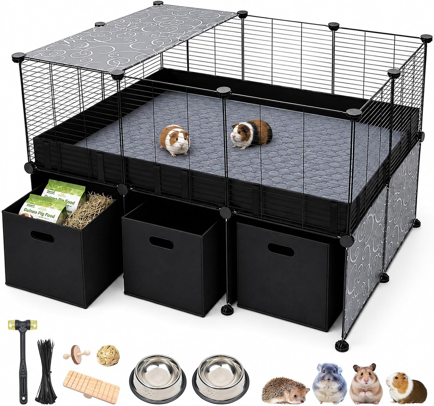Guinea Pig Cage – C&C Small Animal Playpen with Waterproof Liner, Washable Pee Pad, Storage Bins, Toys & Bowl – Indoor Habitat for Guinea Pigs, Hedgehogs, Hamsters, Ferrets
