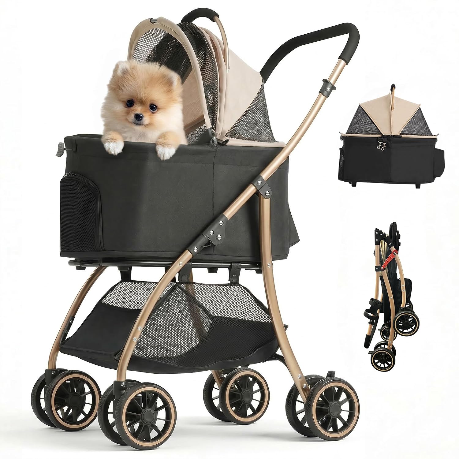 MILA&LOUIS Pet Stroller, 22″ Pet Cradle for Small Dog, Dog Stroller with 4 Pu Wheels, 10Lbs Ultra-Light Dog&Cat Stroller for Small Pets, Max 22Lbs Capacity Detachable & Foldable Design with Cup Holder