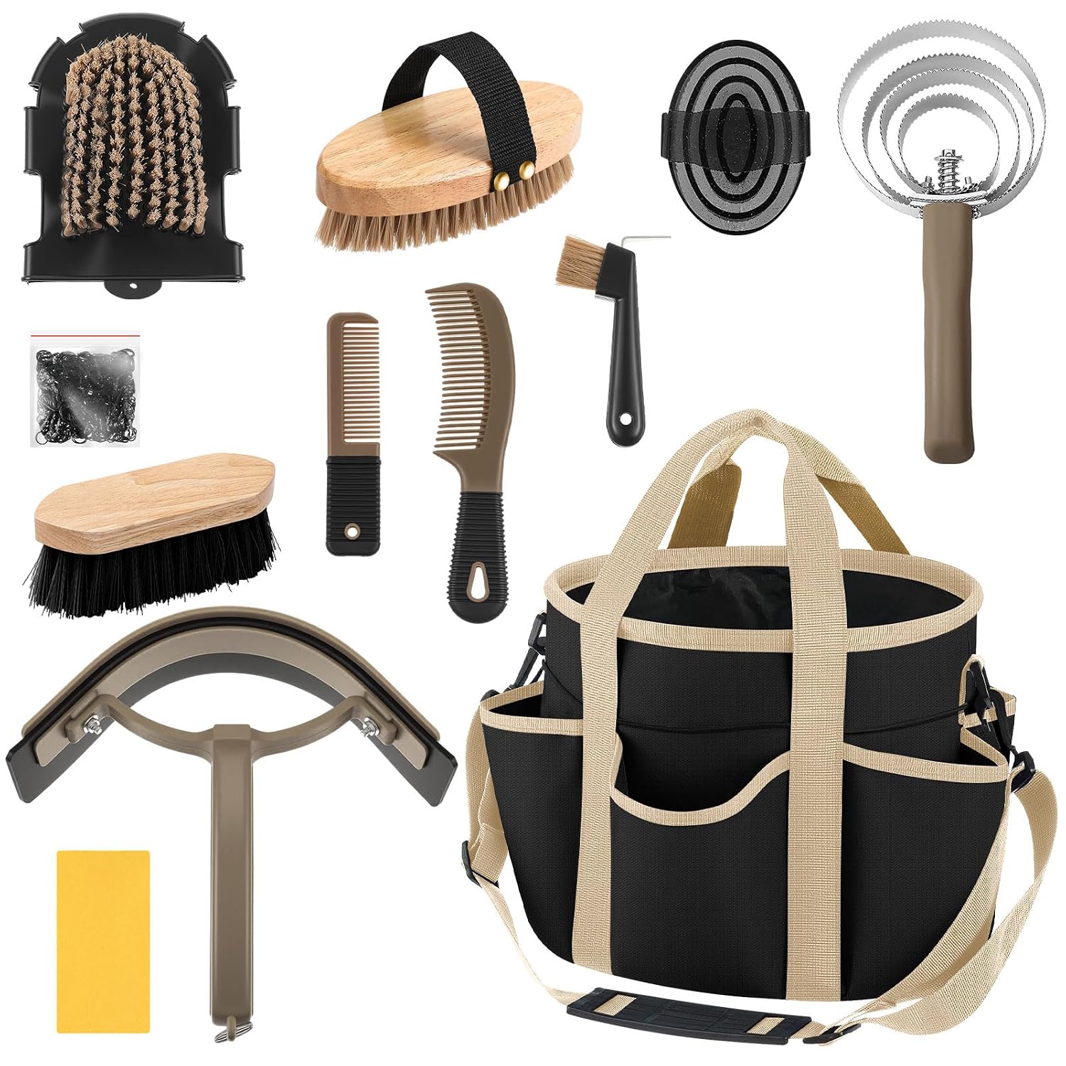 Abbylike 12 Piece Horse Grooming Kit with Organizer Tote Bag Brush Sets for Derby Day Show Horses Professional Tools for Care & Massage(Black and Dark Grey)