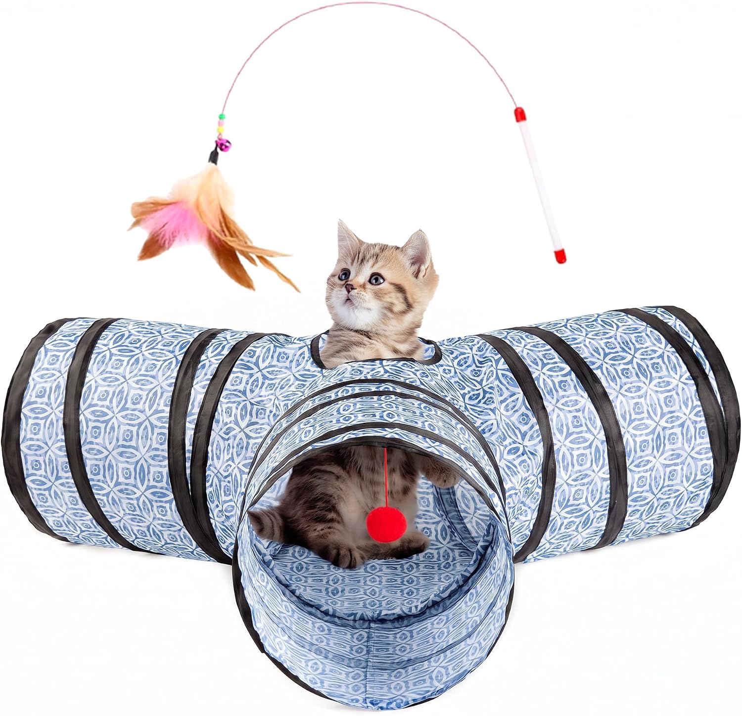 Tempcore 3 Way Collapsible Cat Tunnel for Indoor Cats, Pet Tunnel Bored Toys with Peek Hole & Ball for Puppy, Kitty, Kitten, Rabbit