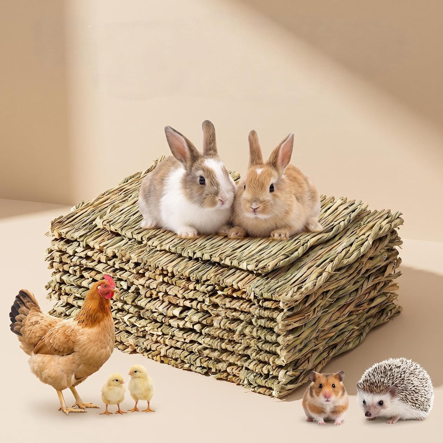 10 Pack Large Grass Mats for Rabbits, Woven Bed, Sleeping Bedding Toy for Bunny, Hamster, Birds, Hens, and Other Small Animals.