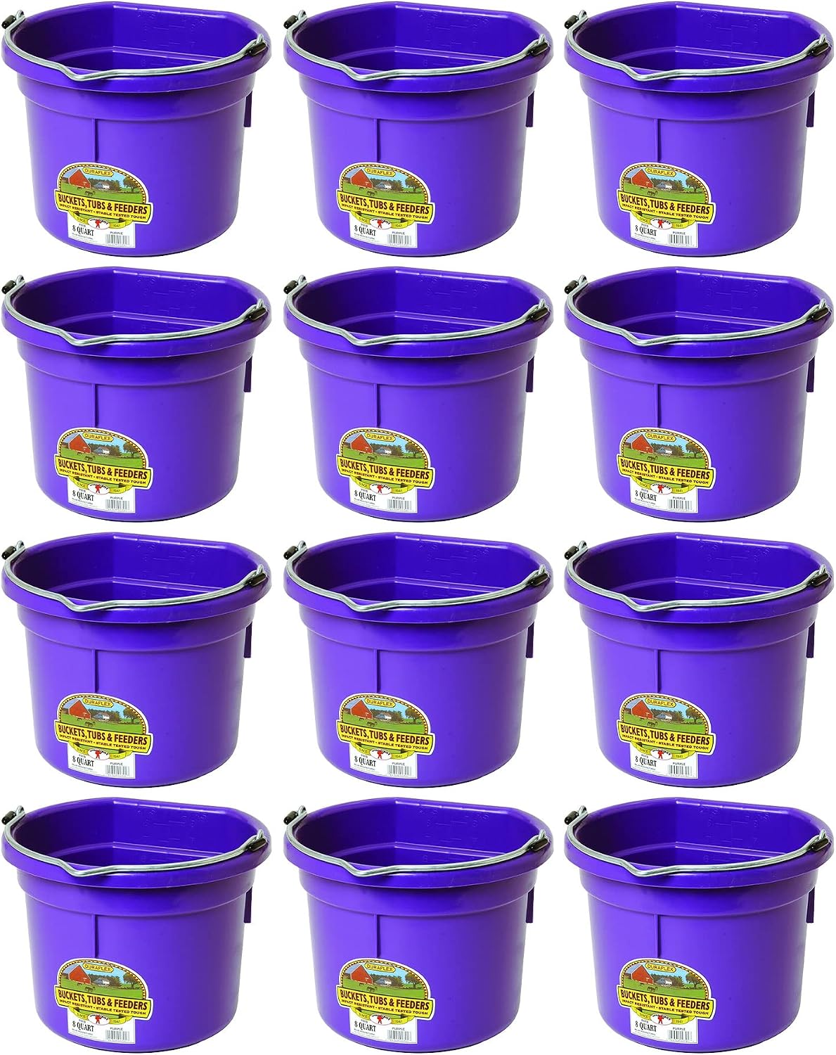 Little Giant P8FBPURPLE 2 Gallon All Purpose Heavy Duty Farm Flat Back Plastic Buckets for Supplies, Toys, Laundry, and Water, Purple, (12 Pack)