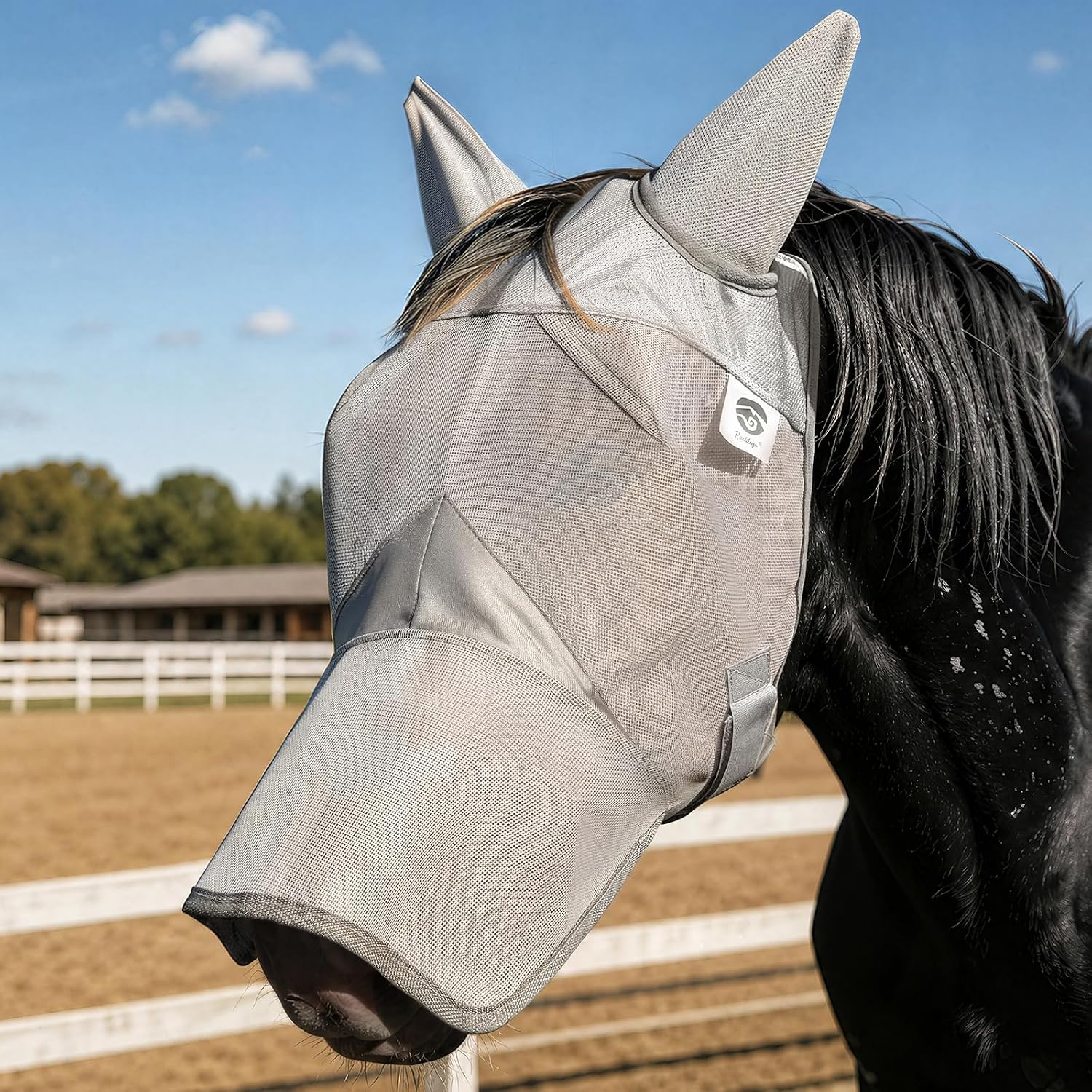 Raelitego Horse Fly Mask with Ears & Nose, Breathable Mesh, UV Protect (L)
