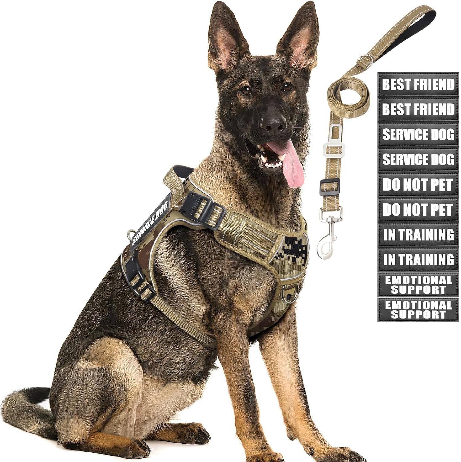 Tactical Dog Harness and Leash Set with 10 Patches for Large Dogs