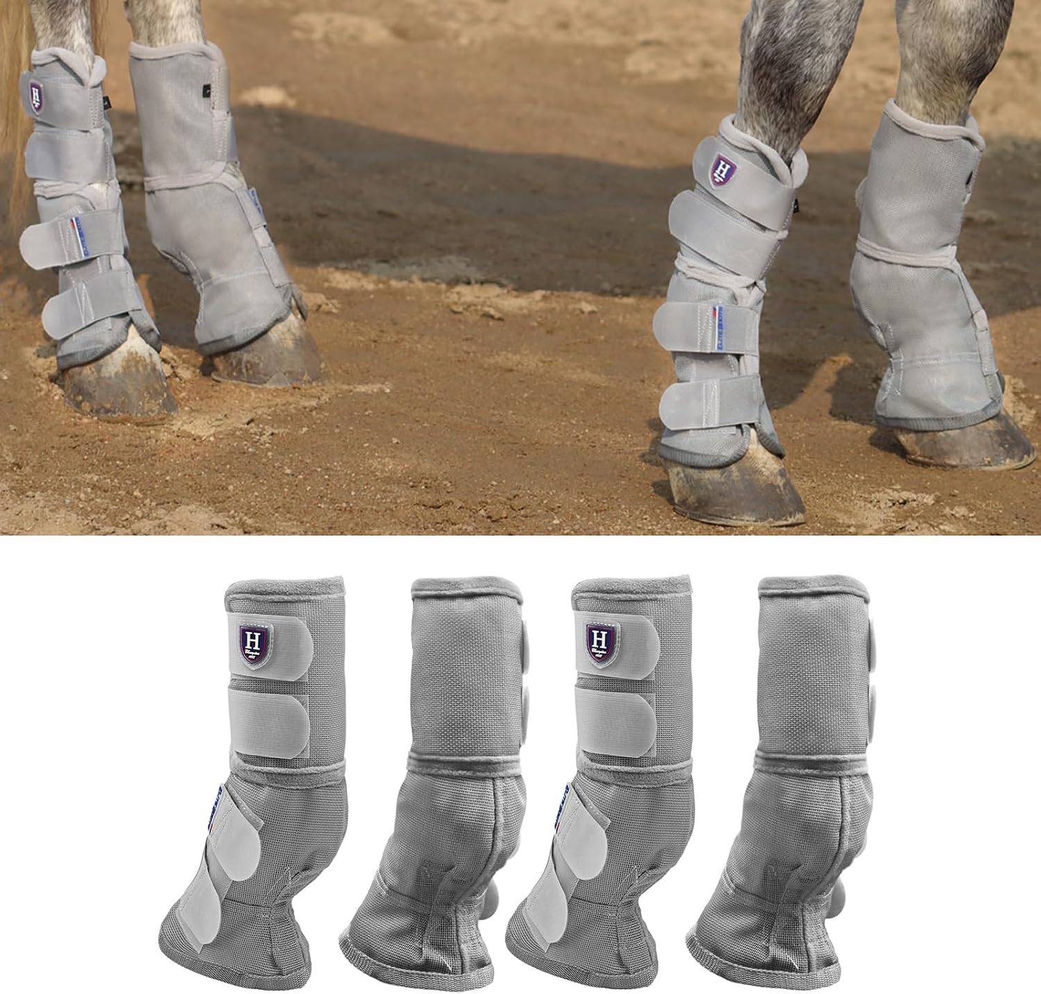 Harrison Howard Horse Fly Boots Perfect Contoured Fit Leg Guards Dense Mesh Boots with Ventilated Comfort Reliable Protection from Summer Elements Set of 4 Silver Grey L
