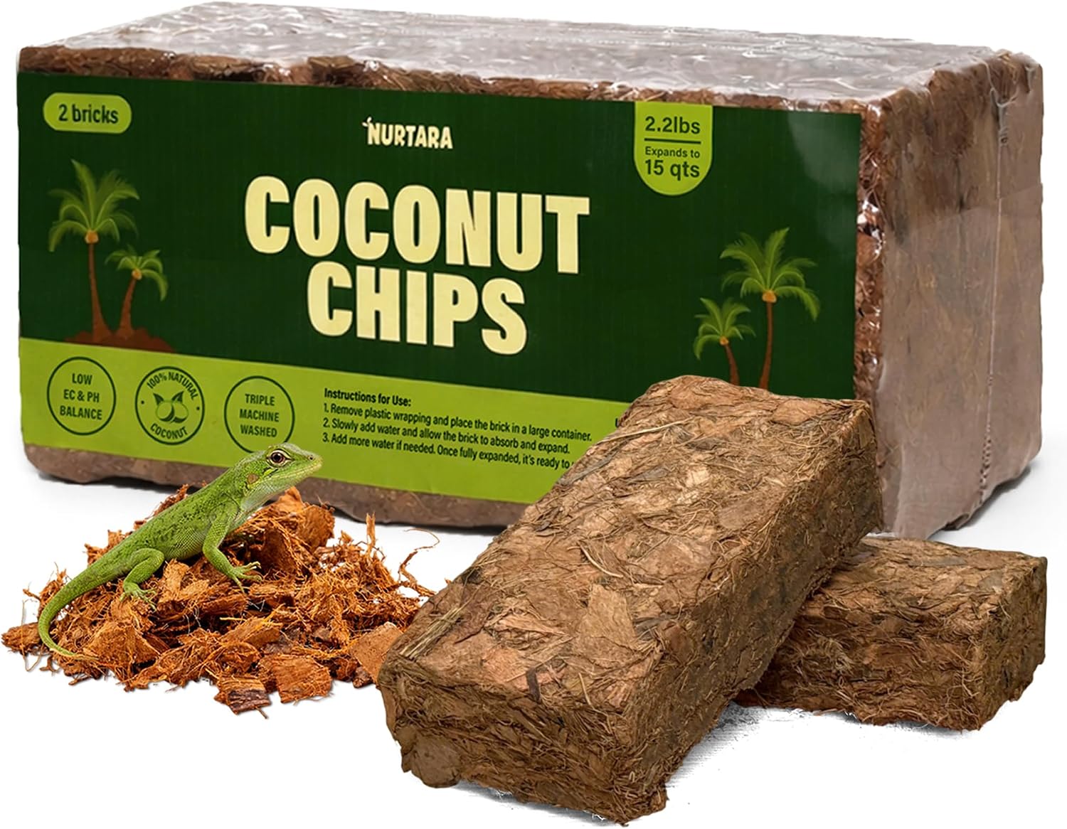 Coconut Chips Substrate, 2 Bricks, 2.2 lb Reptile Bedding, 15 qt