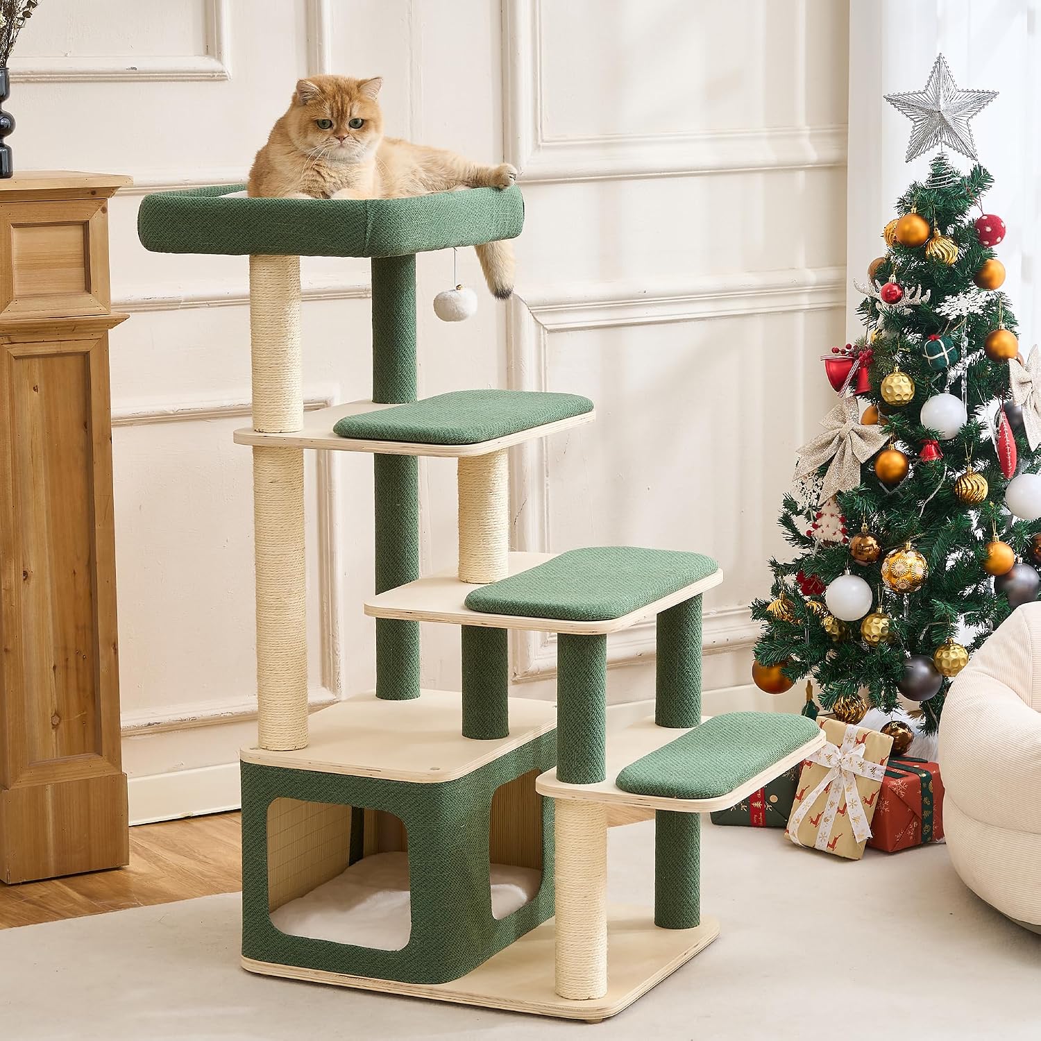 Modern Wood Cat Tree Tower for Large Cats – 43.5″ Indoor Wooden Cat Condo with Sisal Scratching Posts, Washable Cushions, Large Top Perch & Easy Climb Steps for Elderly/Short-Legged Cats Multi-Cat Use