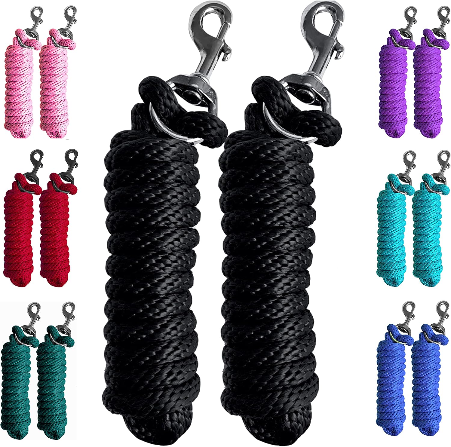 Majestic Ally Pack of 2 Solid Poly Lead Rope for Horses & Livestock – 10 Foot Long and 5/8 inch Thick – Replaceable Heavy-Duty Bolt Snap – Handmade – Soft, Broken in Feel (Black)