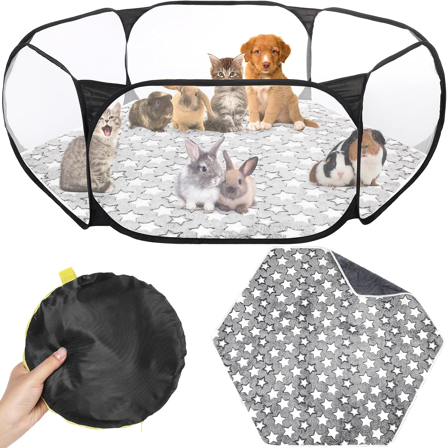 VitalCozy Guinea Pig Playpen with Mat Small Animal, Black, Star