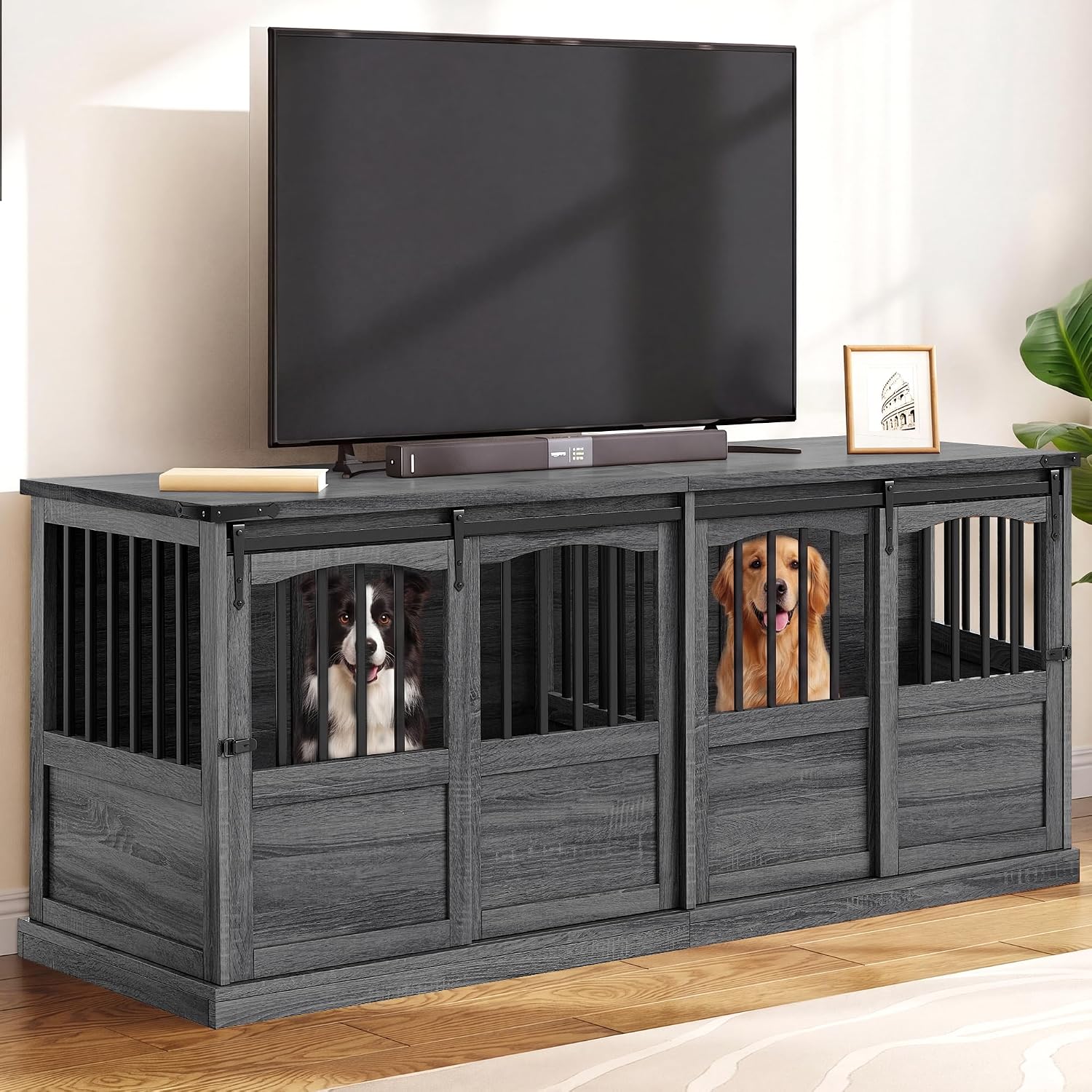 72 Double Dog Crate Furniture for 2 Dogs Dog Kennel Furniture Grey