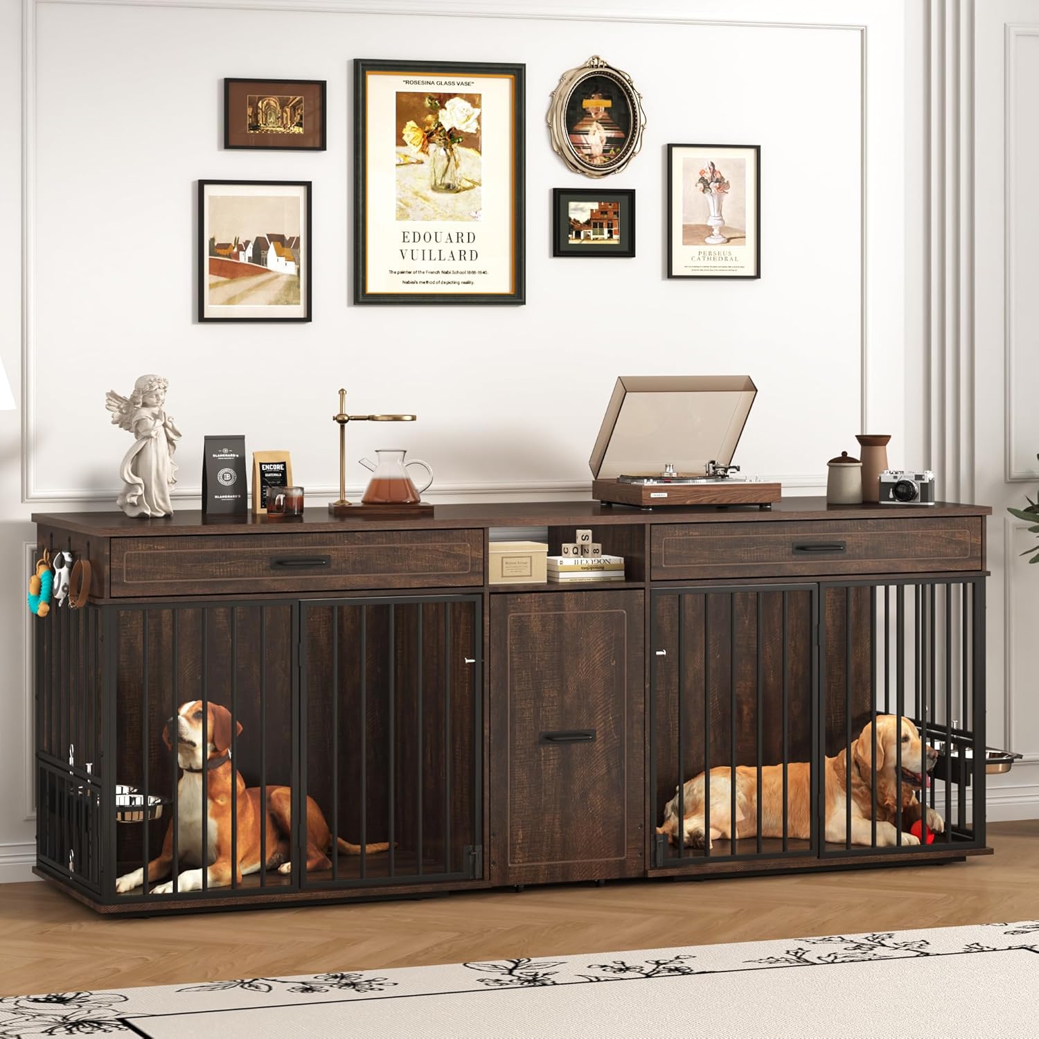86.6″ Dog Crate Furniture Large Breed TV Stand with Double Rooms, Wooden Dog Kennel Furniture with Dog Bowl, 2 Drawers and Cabinet for Large Medium Dogs, Brown