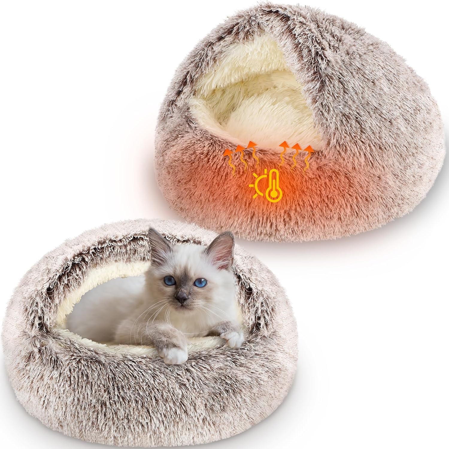 Cinnvoice 2 Pcs Self Warming Cat Beds with Hood, Self Heating Dog Cave Bed, Fluffy Round Covered Pet Pad, Plush Hooded Pet Beds with Non-Slip Bottom for Indoor Cat or Small Middle Dog(Coffee,20 in)