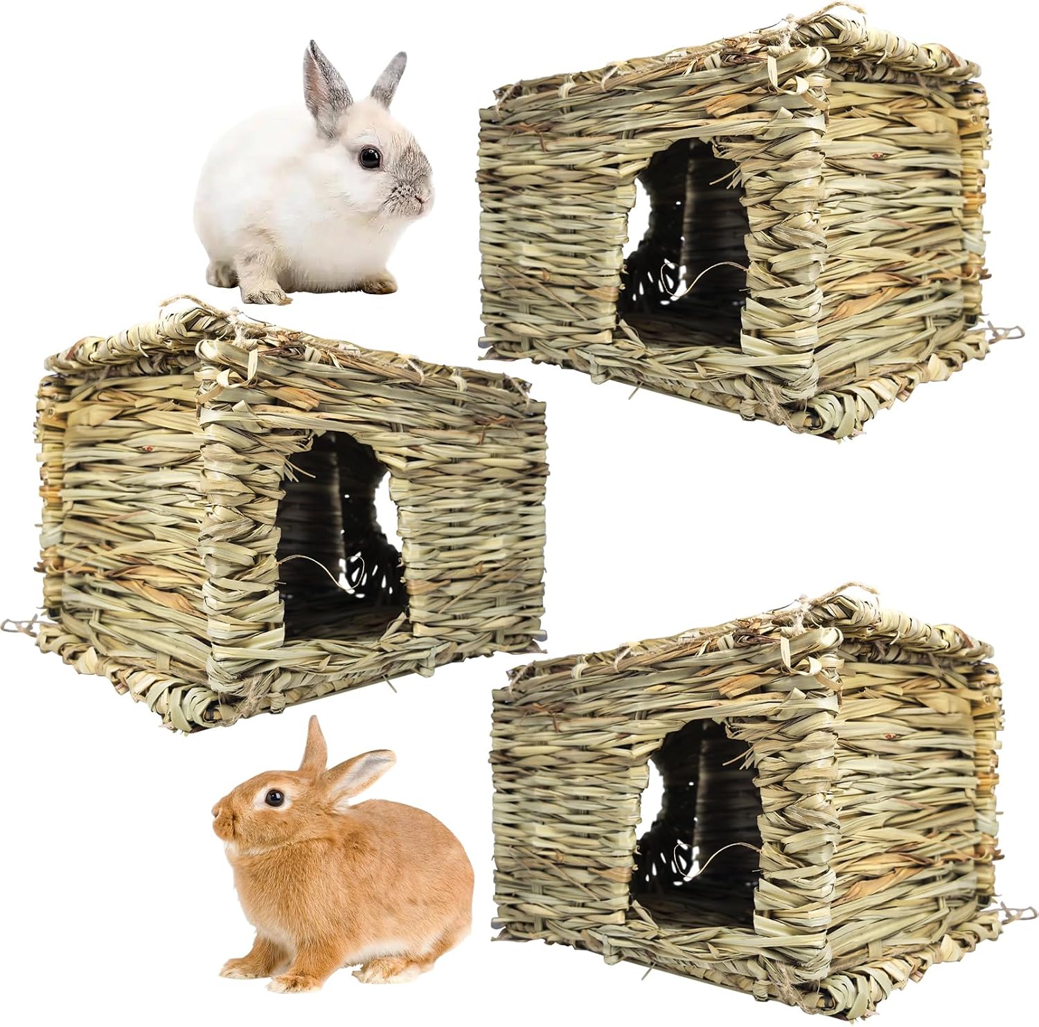 Hamiledyi 3PCS Grass House for Rabbit, Edible Bunny Hut Natural Grass Woven Foldable Pet Play Hideaway Hay Mat Chew Toys for Guinea Pig Hamster Chinchilla, Safe Cozy Sleep 11.8×7.87×7.87 inches