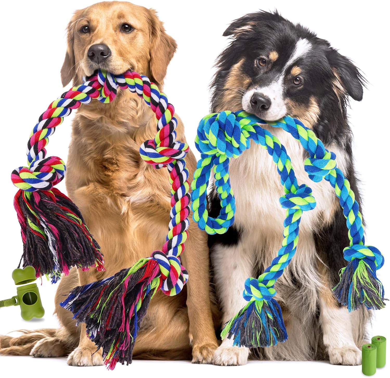 Tough Dog Rope Toys for Aggressive Chewers, Tough Tug of War Dog Toys for Large, Medium & Small Dogs – 5 Pack Including 2 Ropes & 3 Supplies