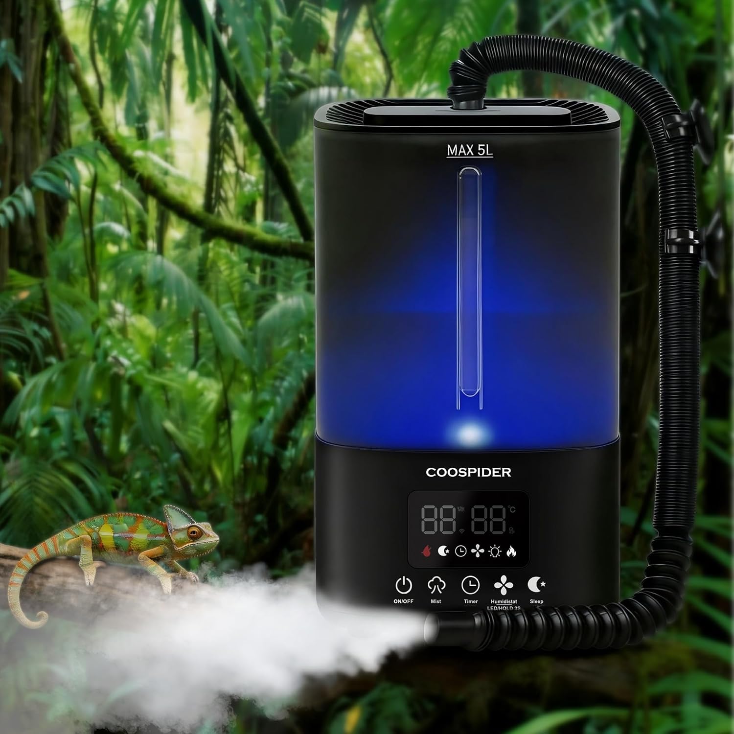 COOSPIDER Reptile Fogger Humidifier, Automatic Humidifiers for Reptiles Tank, Terrarium Humidifier with Timer Humidity Control, Reptile Mister for Amphibians Herps Vivarium (Black, 5L/1.32GAL)