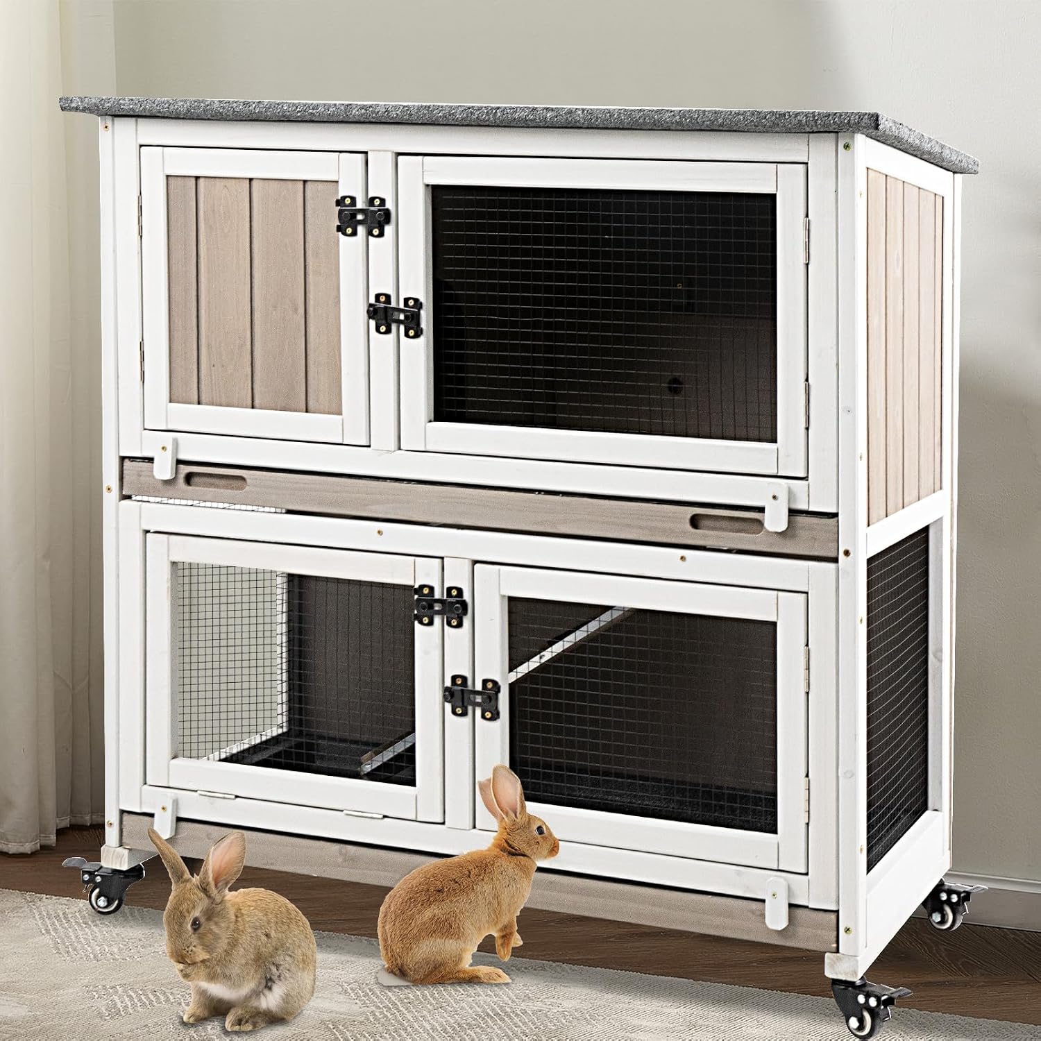 Ketive 36″ L 2-Story Rabbit Hutch on 4 Metal Wheels, 2 Deep Trays