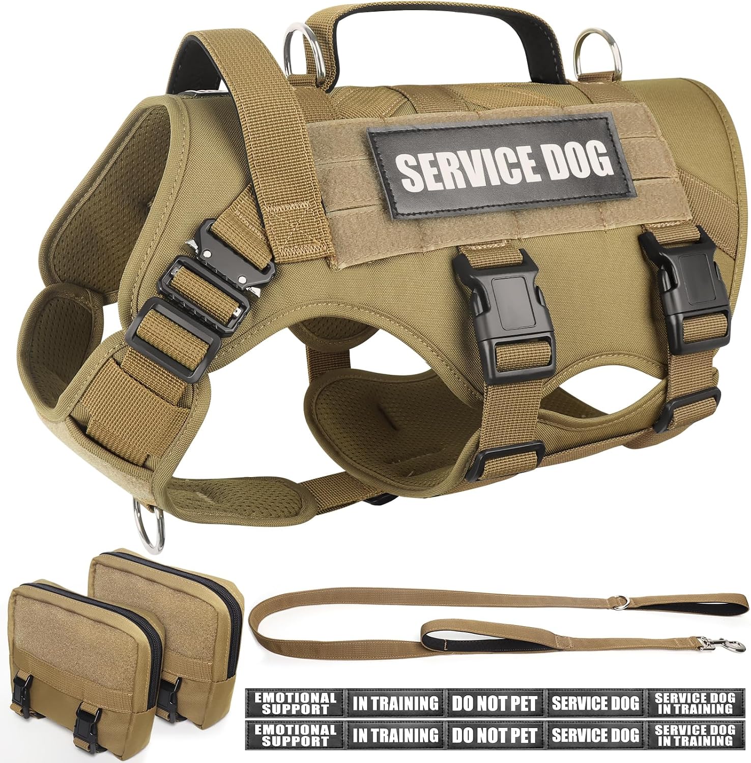 WINSEE Tactical Dog Harness with Dog Leash, Service Working MOLLE Vest with 10 Pet Patches for Large Dog, No Pull Military Harness and Backpack for Training Hunting Walking