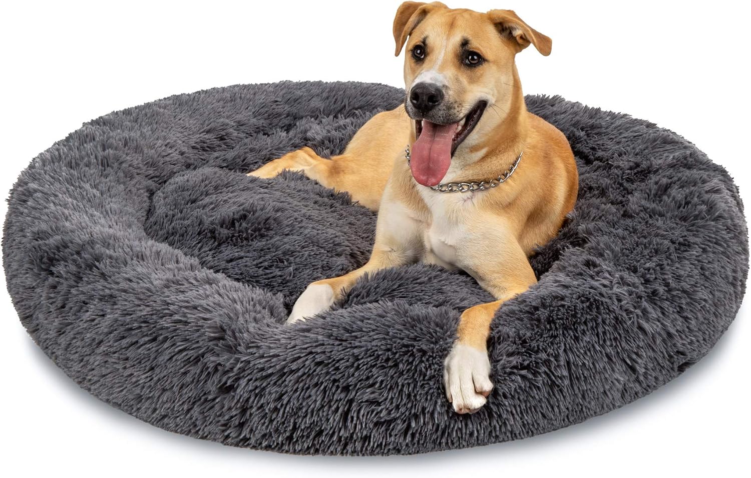 Best Choice Products 45in Dog Bed Self-Warming Plush Shag Fur Donut Calming Pet Bed Cuddler w/Water-Resistant Lining, Raised Rim – Gray