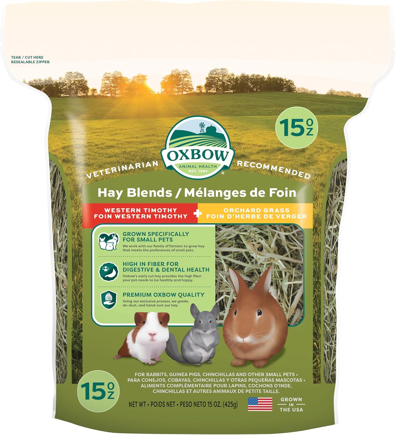 Oxbow Western Timothy & Orchard Grass Hay Blends for Small Pets, High-Fiber, Hand-Sorted Rabbit & Guinea Pig Hay, All Natural Grass Blend for Chinchillas, Bunnies & Guinea Pigs, Made in USA, 15 oz