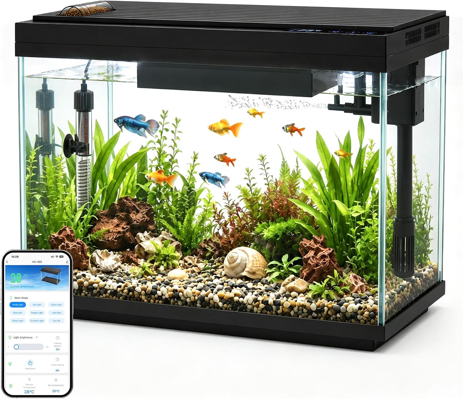 Vehipa Smart Fish Tank, 5 Gallon Aquarium Kit Ultra-White Glass