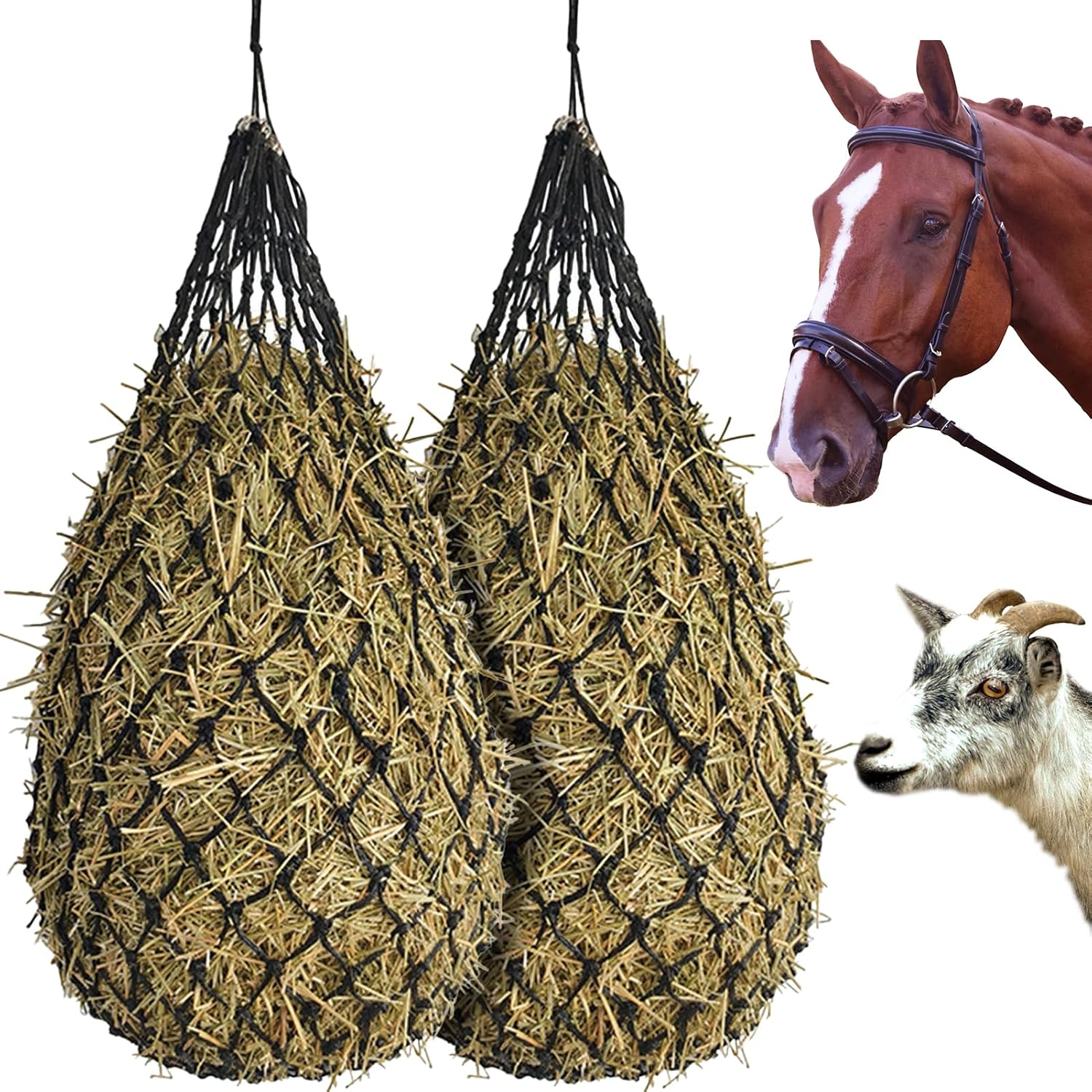 Hay Bags for Horses, 2 Pack Hay Nets for Horses Slow Feed, Goats, Livestock, 40″ Large Opening Polyester Rope Hay Nets for Horses with Drawstring, Reduces Waste for Travel Pasture Stall Use