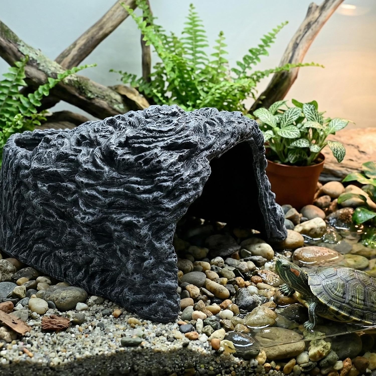 Extra Large Reptile Hideouts Cave, Resin Tortoise Hide Cave, Rock Basking Habitat Decor for Bearded Dragon, Leopard Gecko, Snake, Turtle, Lizard, Frog, Terrarium Aquarium Hideout(Large Size)